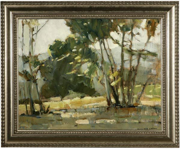 Millard Sheets (1907-1989): trees in sunlight, circa 1929, signed lower right: Millard Sheets, oil on canvas laid to canvas, 14'' x 18'', est:$5000/7000. Provenance: Acquired from the artist
