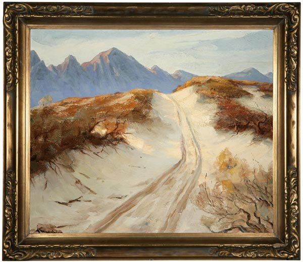 Jean Mannheim (1863-1945): Desert, road through a desert landscape, signed lower left: J. Mannheim, inscribed verso: Unfinished Desert, oil on board, 20'' x 24'', est:$4000/6000. Provenance: Harriet Crawford Mannheim, second wi