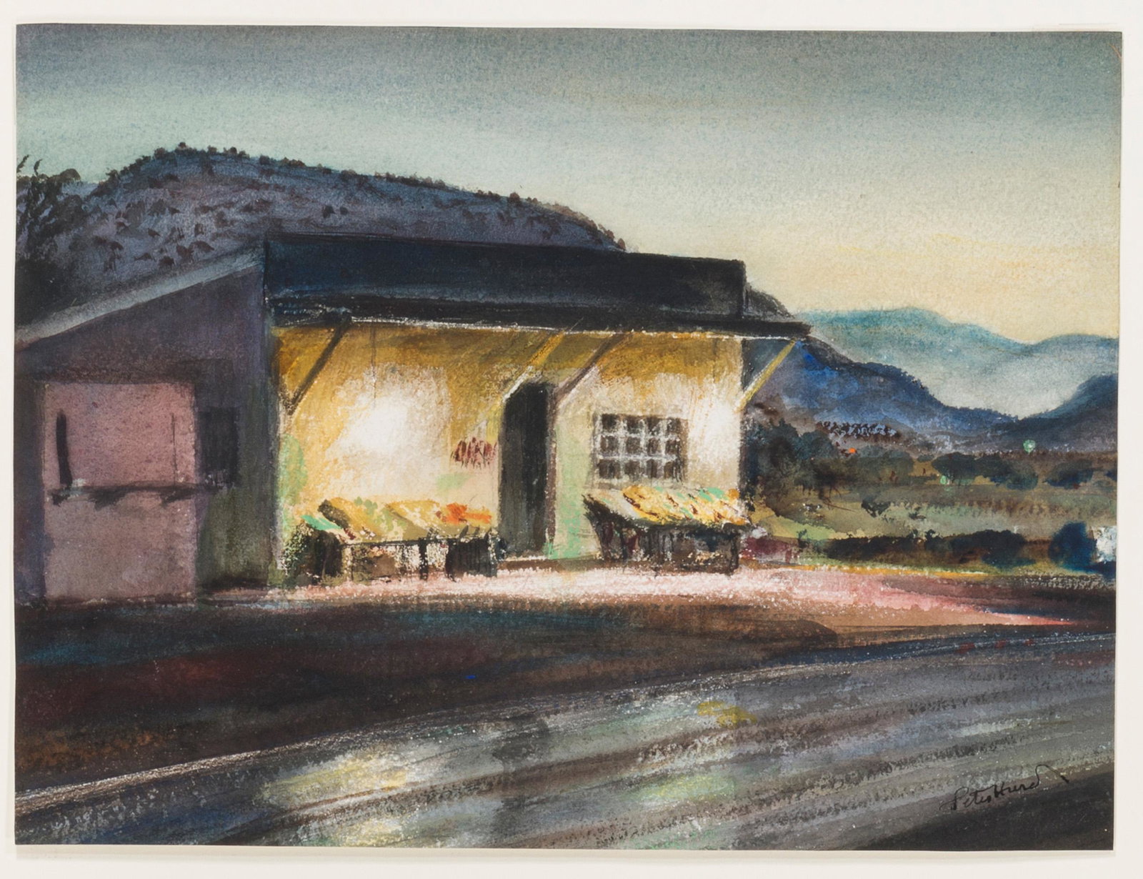 Peter Hurd, (1904-1984 Roswell, NM), "Valley Fruit: Peter Hurd (1904-1984 Roswell, NM) "Valley Fruit Stand" Watercolor on paper under glass Signed lower right: Peter Hurd, titled verso, titled again on the backing board Sight: 9" H x 12.25" W; Sheet: 9