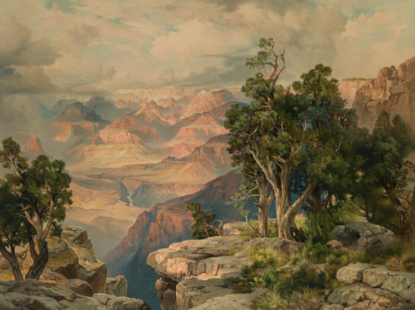 Thomas Moran N.A., (1837-1926 Santa Barbara, CA),: Thomas Moran N.A. (1837-1926 Santa Barbara, CA) "Grand Canyon of Arizona from Hermit Rim Road," 1913 Chromolithograph on paper under glass Signature and date of the original painting in the plate