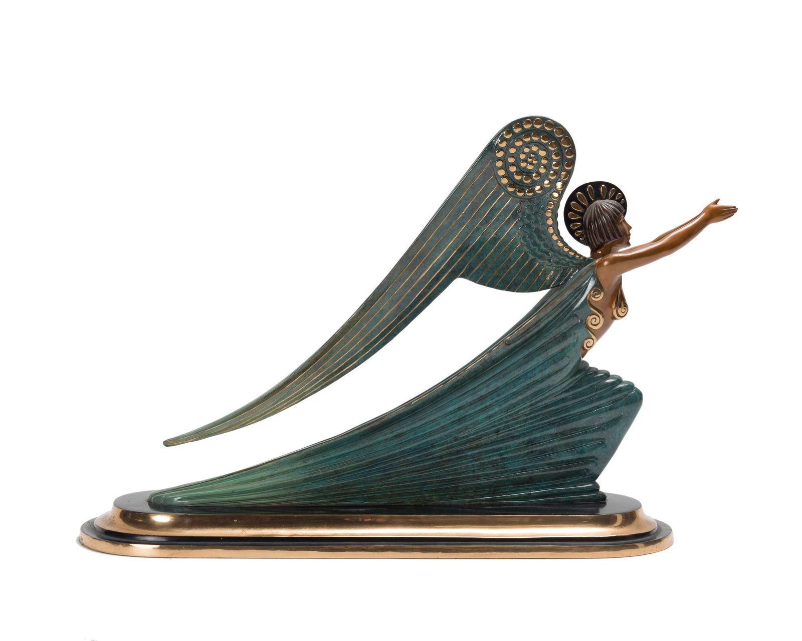 Romain (Erte) de Tirtoff (1892-1990 Russian): Angel, inclined female figure with arms outstretched in prayer Cold-painted bronze Edition: 341/350; Signed, dated, and numbered to base: Erte / Fine Art Acquisitions / (c) 1984 14" H x 21" L x 6.2
