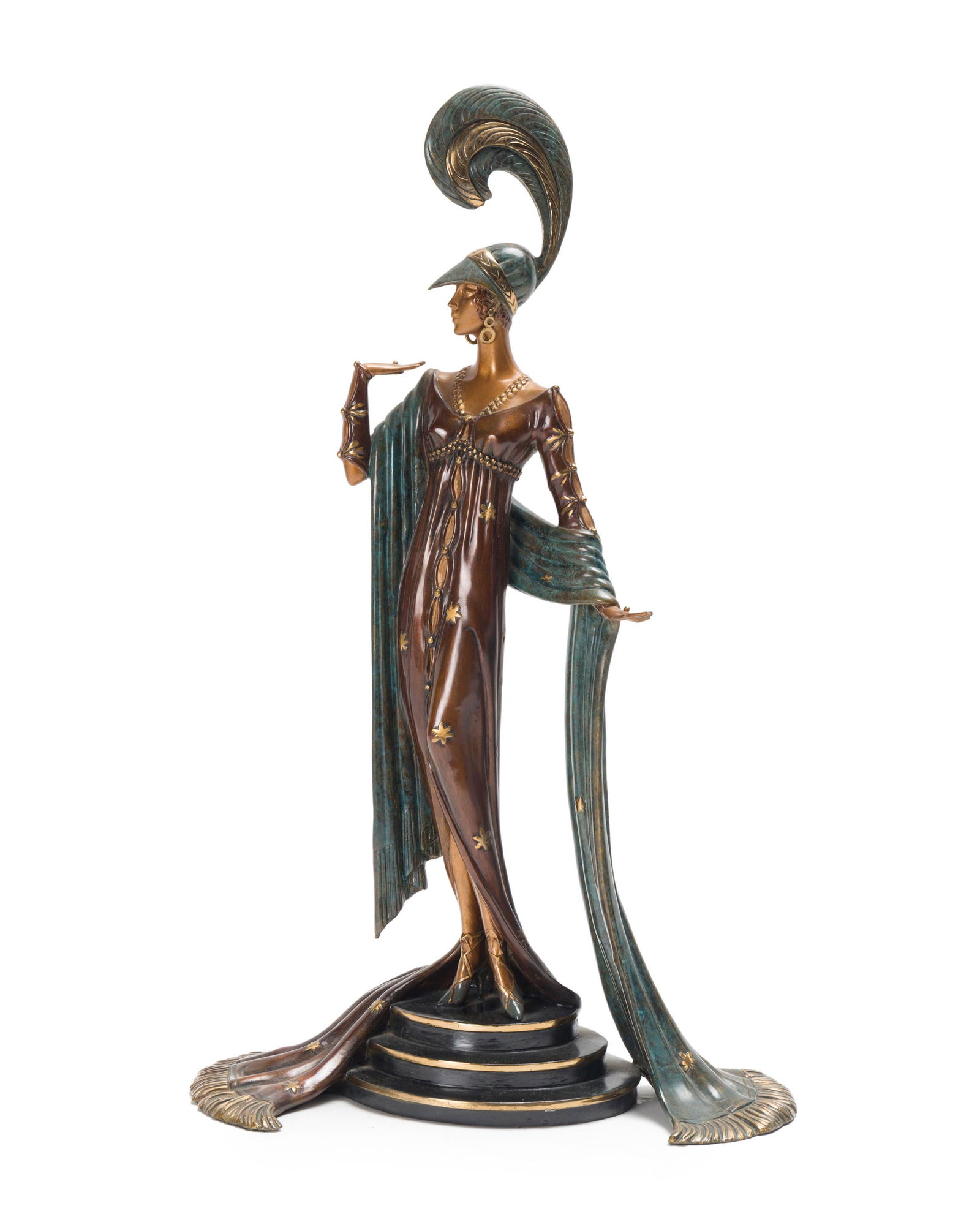 Romain (Erte) de Tirtoff (1892-1990 Russian): La Directoire, standing female figure dressed in the Directoire style Cold-painted bronze Edition: 6/9; Signed, dated, and numbered to base: Erte / H/C / Fine Art Acquisitions / (c) 1986 23" H x 14
