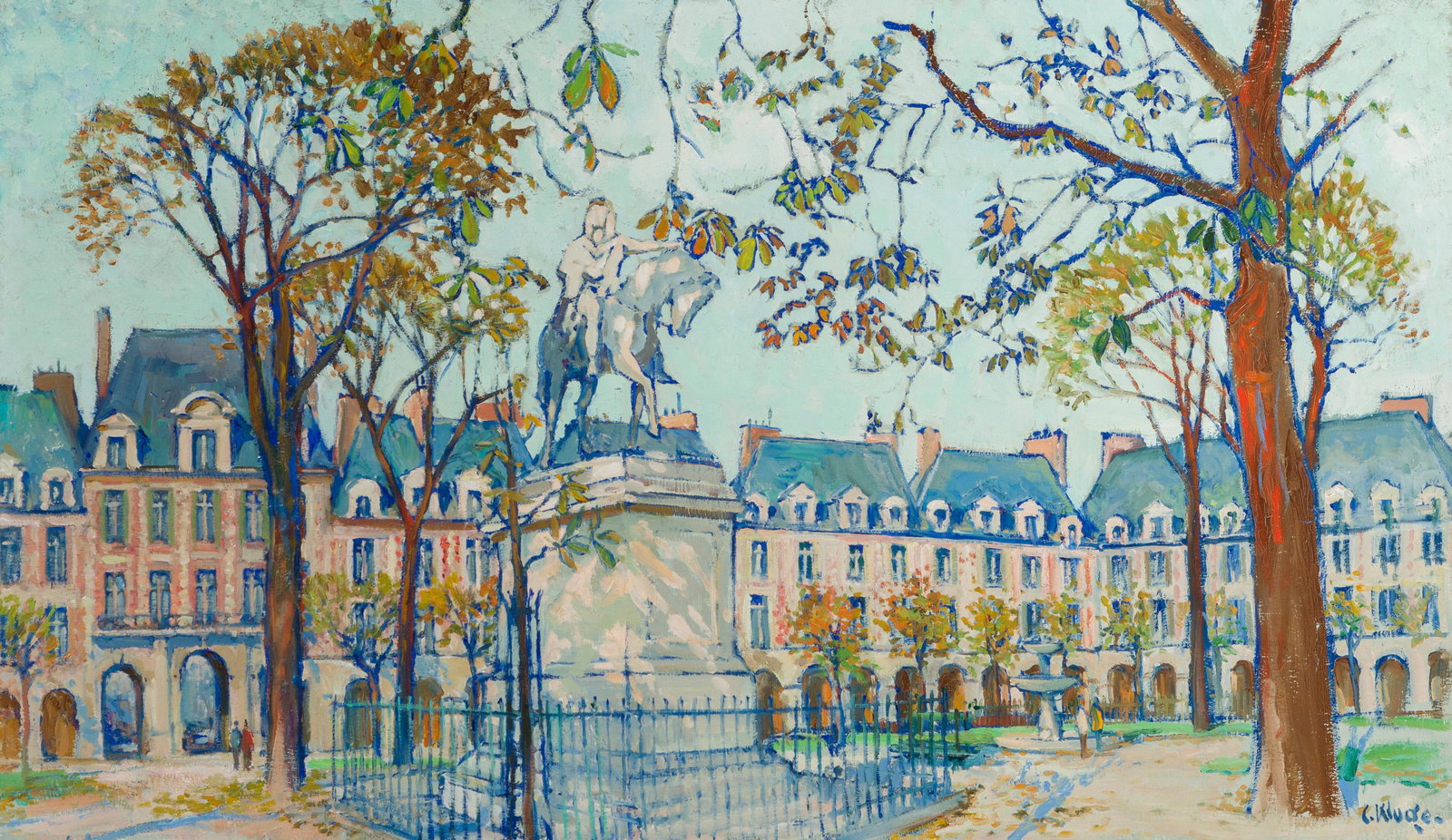 Constantine Kluge (1912-2003 French): Parisian street scene Oil on canvas Signed lower right: C. Kluge 45" H x 77" W Provenance: The Estate of Peter H. Dailey, former U.S. ambassador to Ireland under President Ronald Reagan Wally Findley 