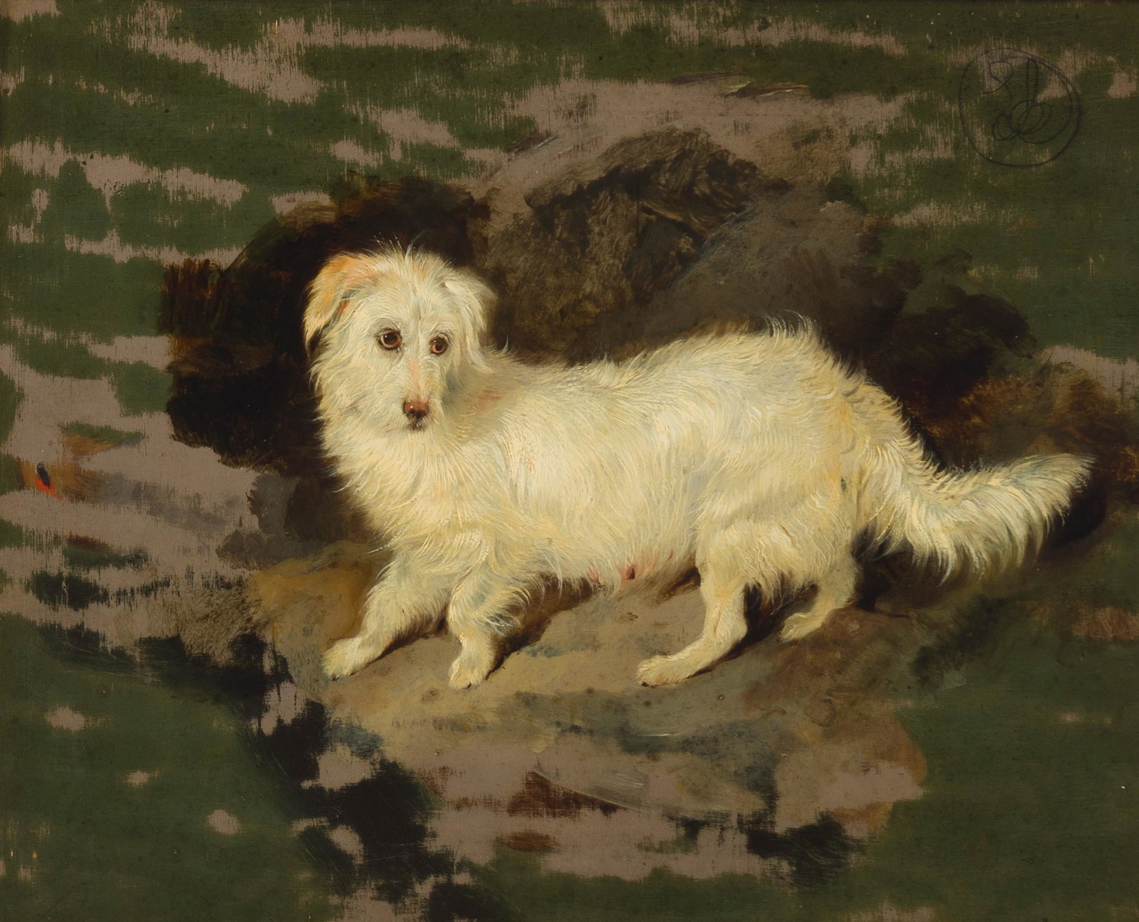 Sir Edwin Henry Landseer (1802-1873 British): Skye, portrait of a terrier Oil on panel Monogrammed in pencil upper right: E.L., signed and inscribed verso: The Late Lord Gordons favorite Terrier. E. Landseer. Given to his friends return! 12" H x 