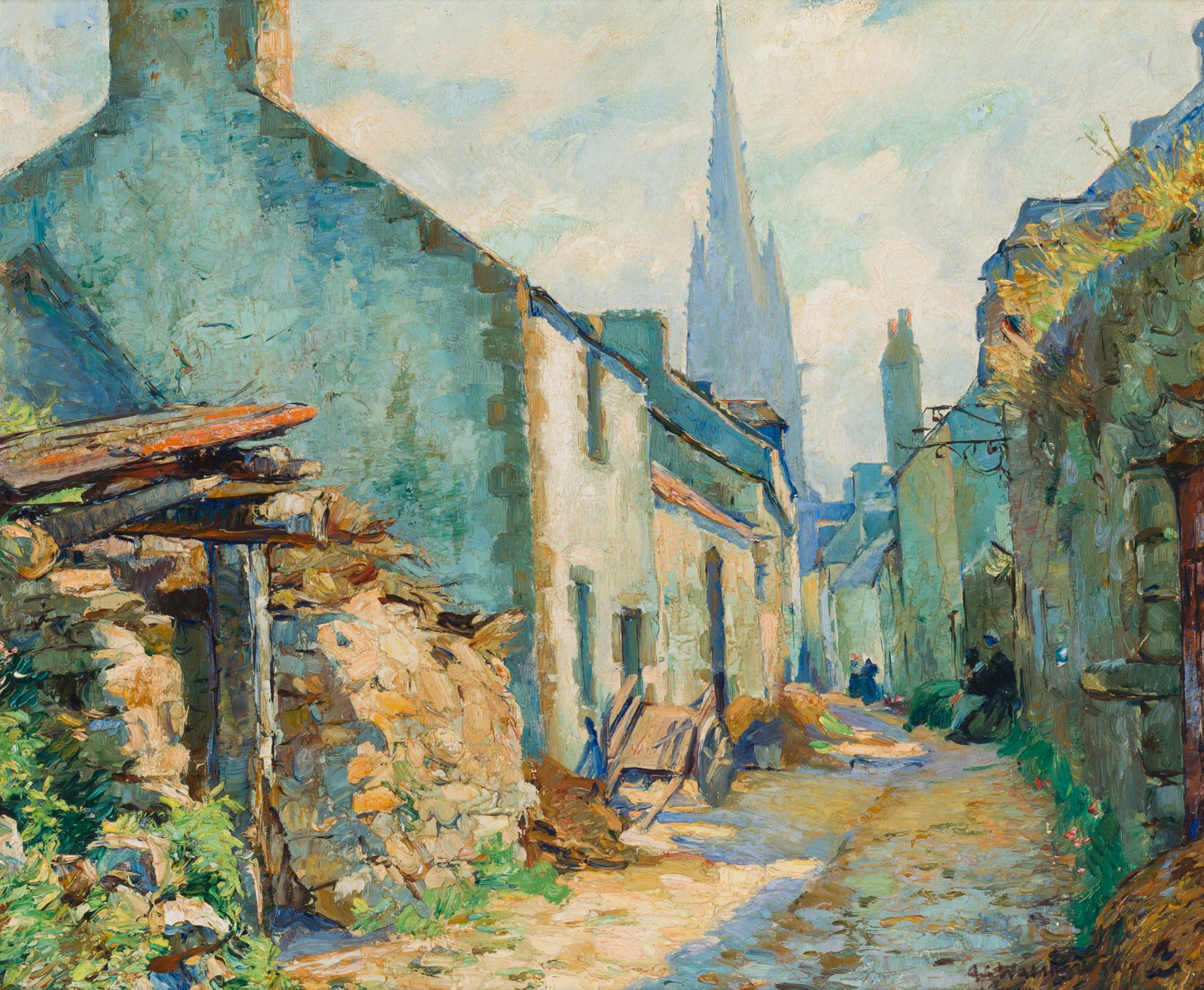 Abel George (Buck) Warshawsky (1883-1962 Monterey, CA): Narrow Street, Finistere Oil on board Signed lower right: AG Warshawsky, titled on a gallery label affixed verso 18" H x 21.5" W Provenance: Gump Galleries, San Francisco, CA