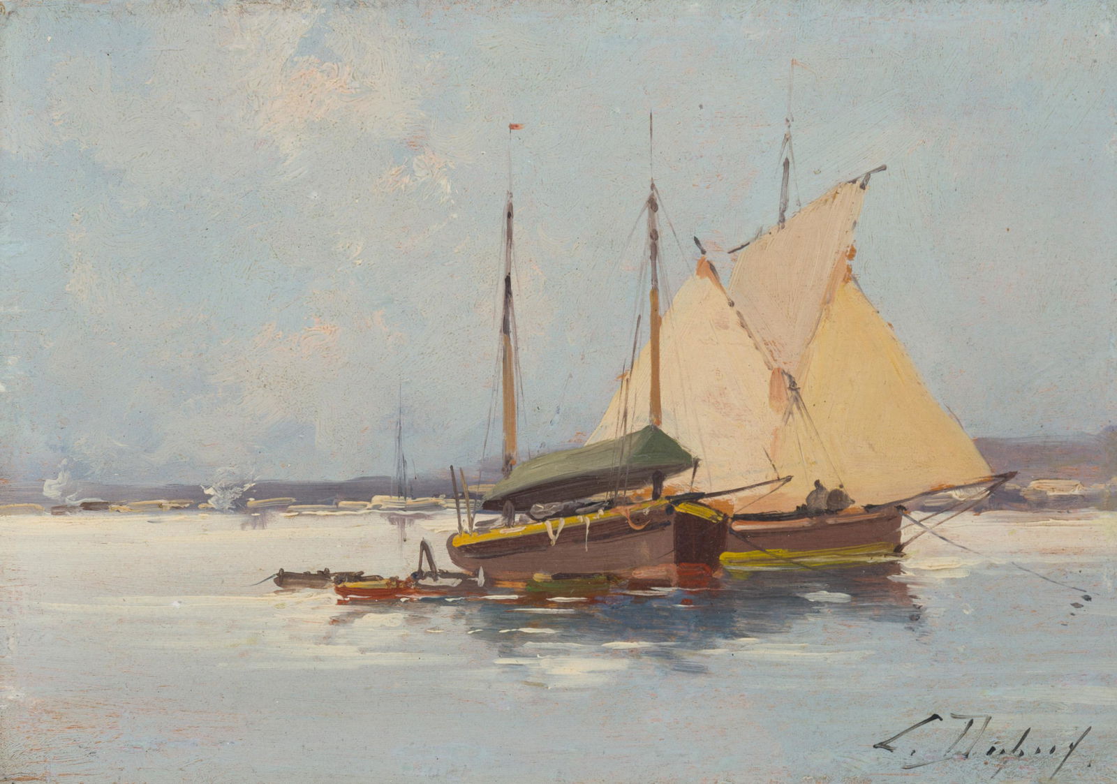 Eugene Galien-Laloue (1854-1941 French): Boats in harbor Oil on panel Signed lower right: L. Dupuy 6.5" H x 9.25" W Provenance: Estate of Dewitt McCall III, Los Alamitos, CA
