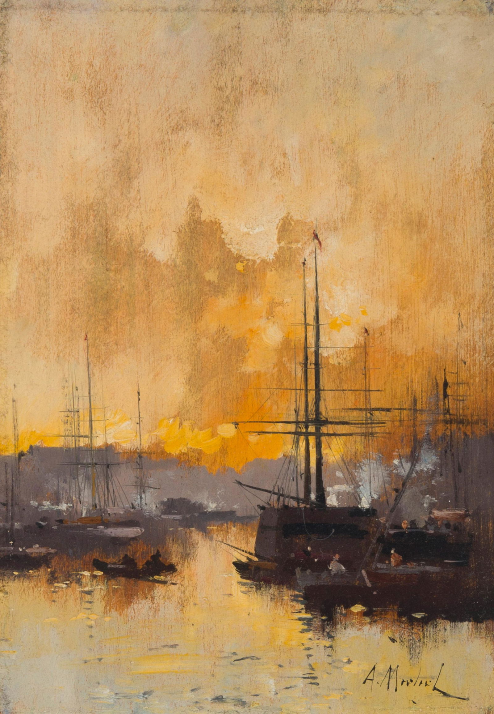 Eugene Galien-Laloue (1854-1941 French): Ships in a Harbor Oil on panel Bears signature lower right: A. Morliel 13" H x 9.25" W Provenance: Estate of Dewitt McCall III, Los Alamitos, CA Notes: In a Richard Tobey frame.