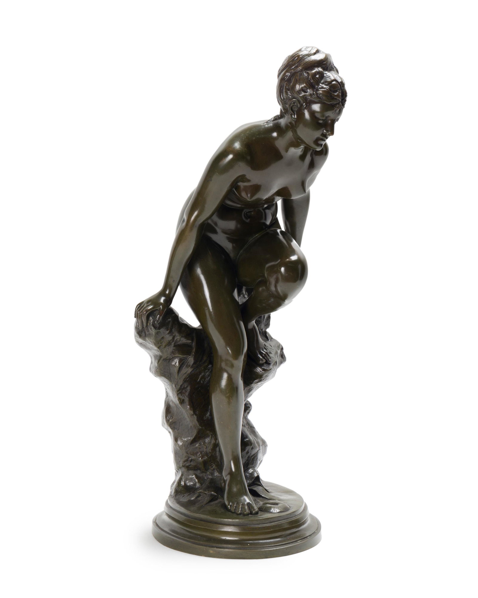 After Albert Desenfans (1845 - 1938 Belgium): Young Bather Resting on a Tree Stump Patinated Bronze Signed: Albert Desenfants [sic] 29.375" H x 13" W x 15" D