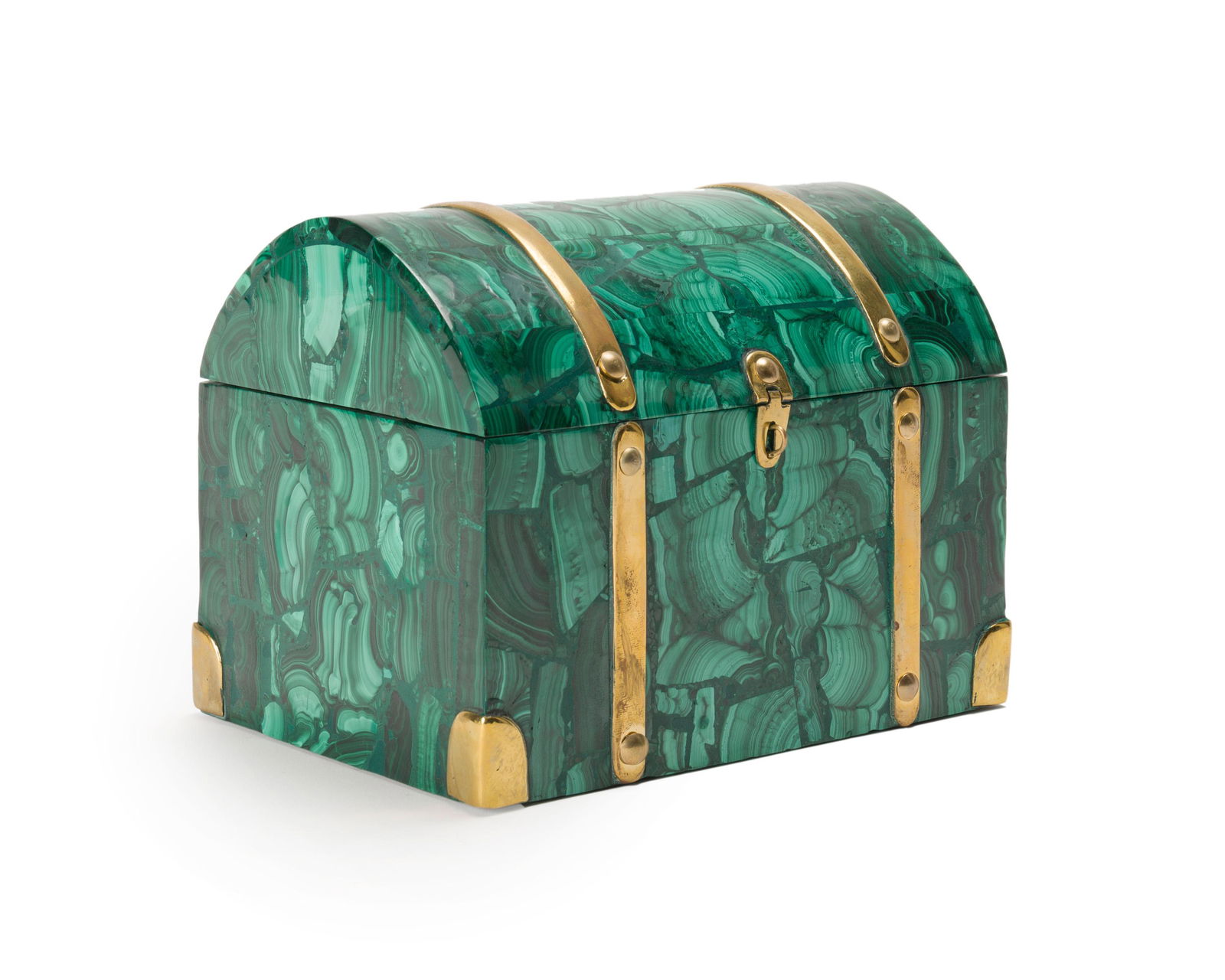 A malachite and bronze-mounted dome-top box: 20th century 6" H x 7.475" W x 5.625" D