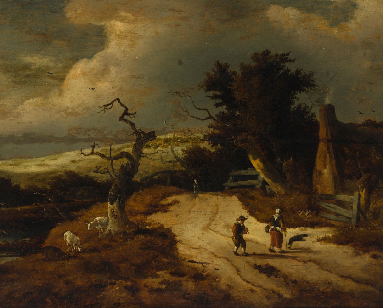 Attributed to Salomon van Ruysdael (1602/03-1670 Dutch): Figures walking along a country road Oil on panel Signed lower left: S Ruysdael 15.75" H x 19.25" W