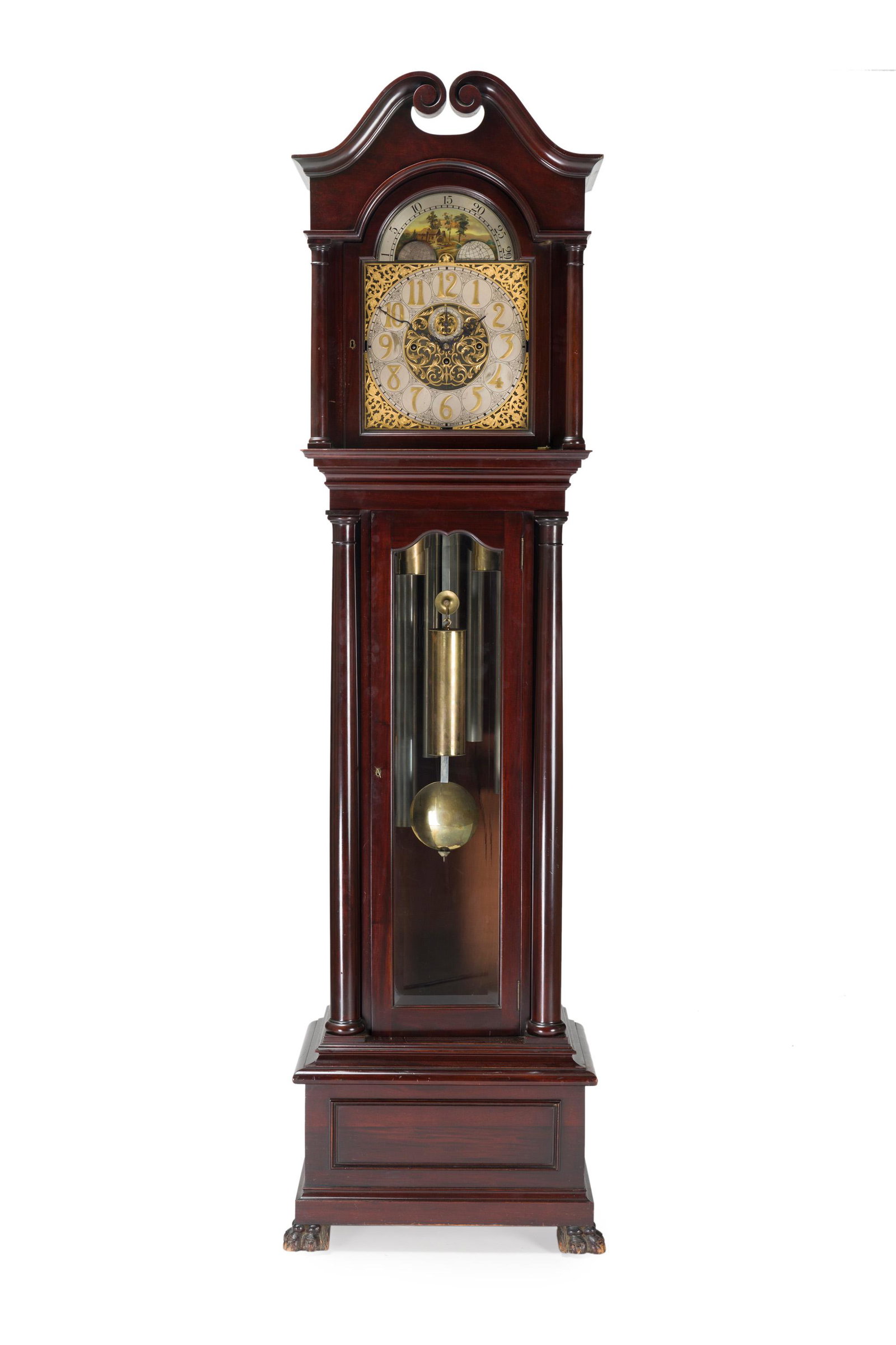 A German grandfather tall case clock: First quarter 20th century Stamped: B & D Ltd., Germany; Case stamped: Germany; Serial No. 171538; Chimes stamped: Dec. 4, 1900, No. 990 The architectural carved mahogany case with a bevel-glazed trun