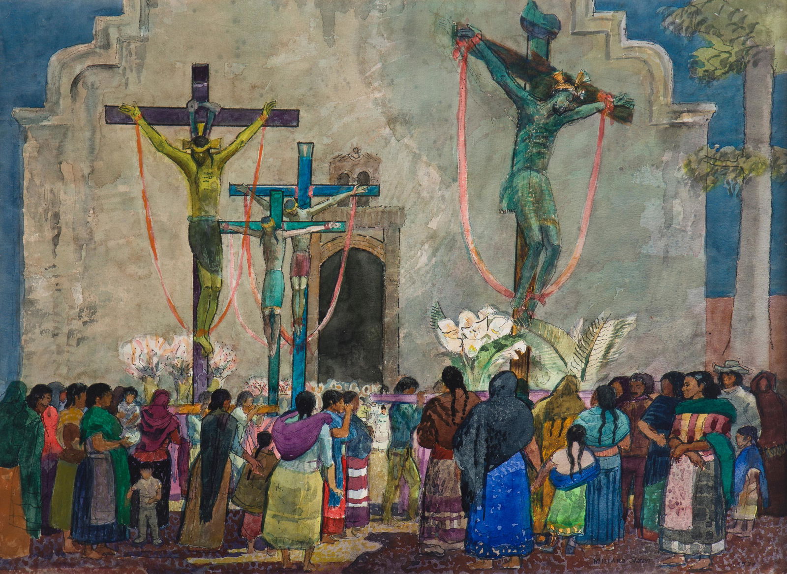 Millard Owen Sheets NA (1907-1989 Gualala, CA): "Christos - Good Friday," 1983 Watercolor on Arches paper under Plexiglas Signed and dated lower right: Millard Sheets, signed and dated again, titled and inscribed on the backing board: Tzin Tzun T