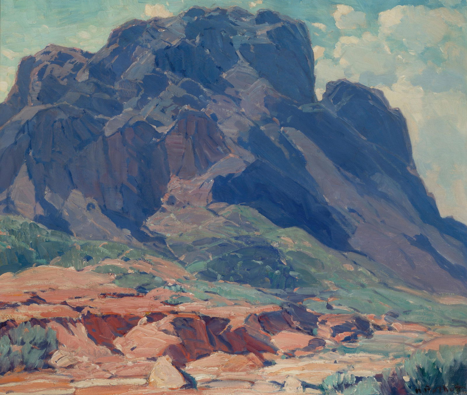 Hanson Duvall Puthuff (1875-1972 Corona Del Mar, CA): "Towering Butte" Oil on canvas Signed lower right: H. Puthuff, signed again and titled verso 26" H x 30" W