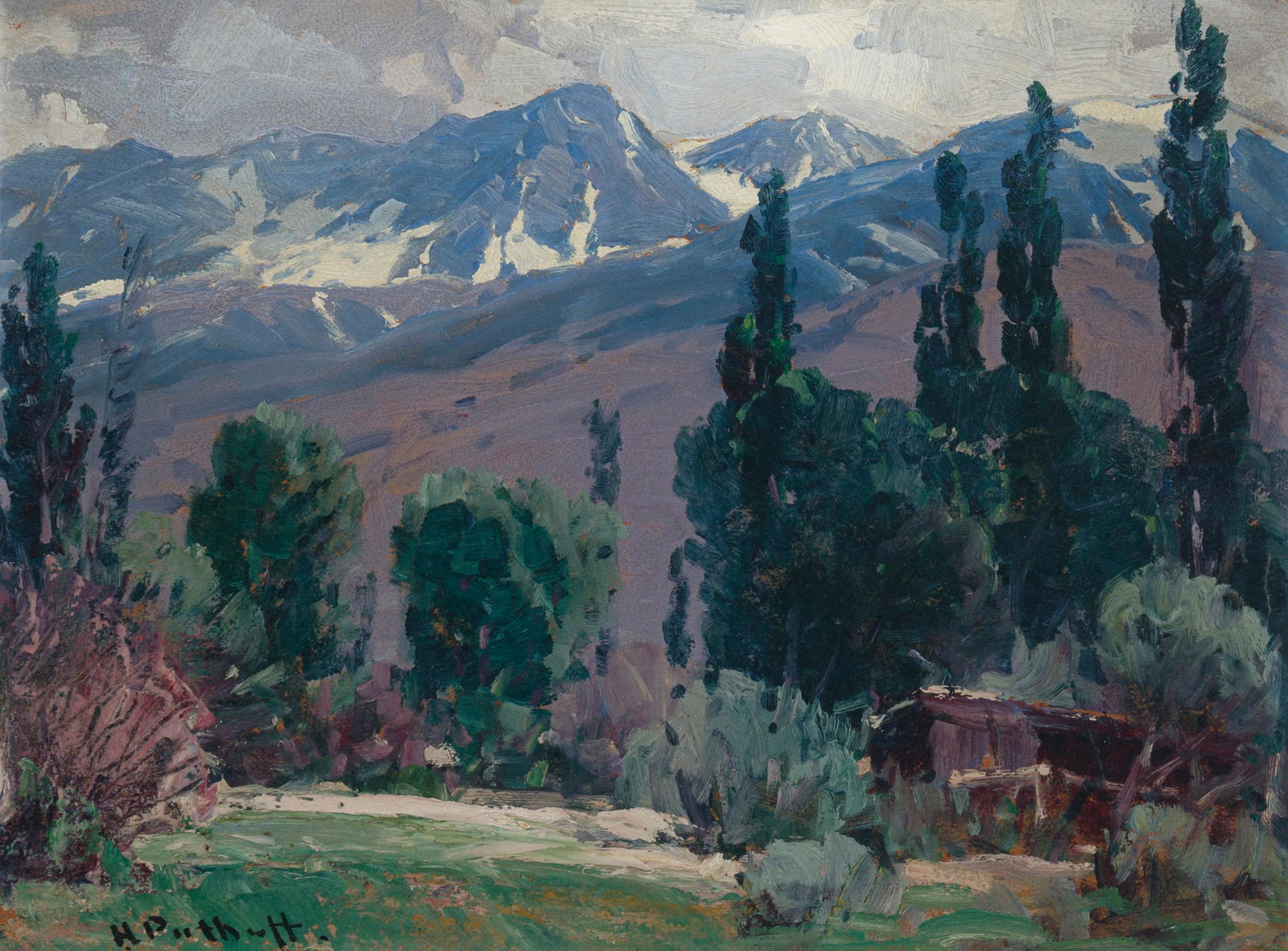 Hanson Duvall Puthuff (1875-1972 Corona Del Mar, CA): "Bishop" Oil on board Signed lower left: H. Puthuff, titled on an exhibition label affixed to the backing board 12" H x 16" W Provenance: Estate of Dewitt McCall III, Los Alamitos, CA Exhibitio