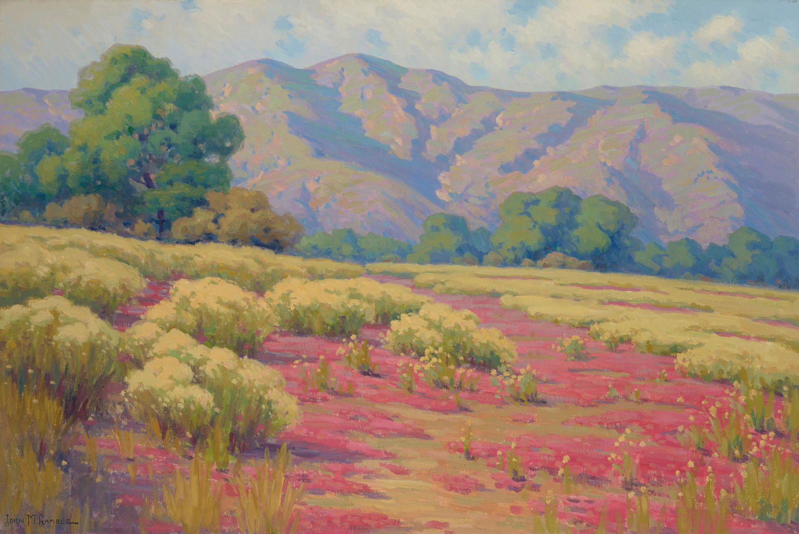 John Marshall Gamble (1863-1957 Santa Barbara, CA): "Summer Wild Flowers, Ojai Valley (Wild Buckwheat & Turkish Rugging)" Oil on canvas Signed lower left: John M. Gamble, signed again, titled and inscribed verso: Santa Barbara Cal 24" H x 36" W Ex