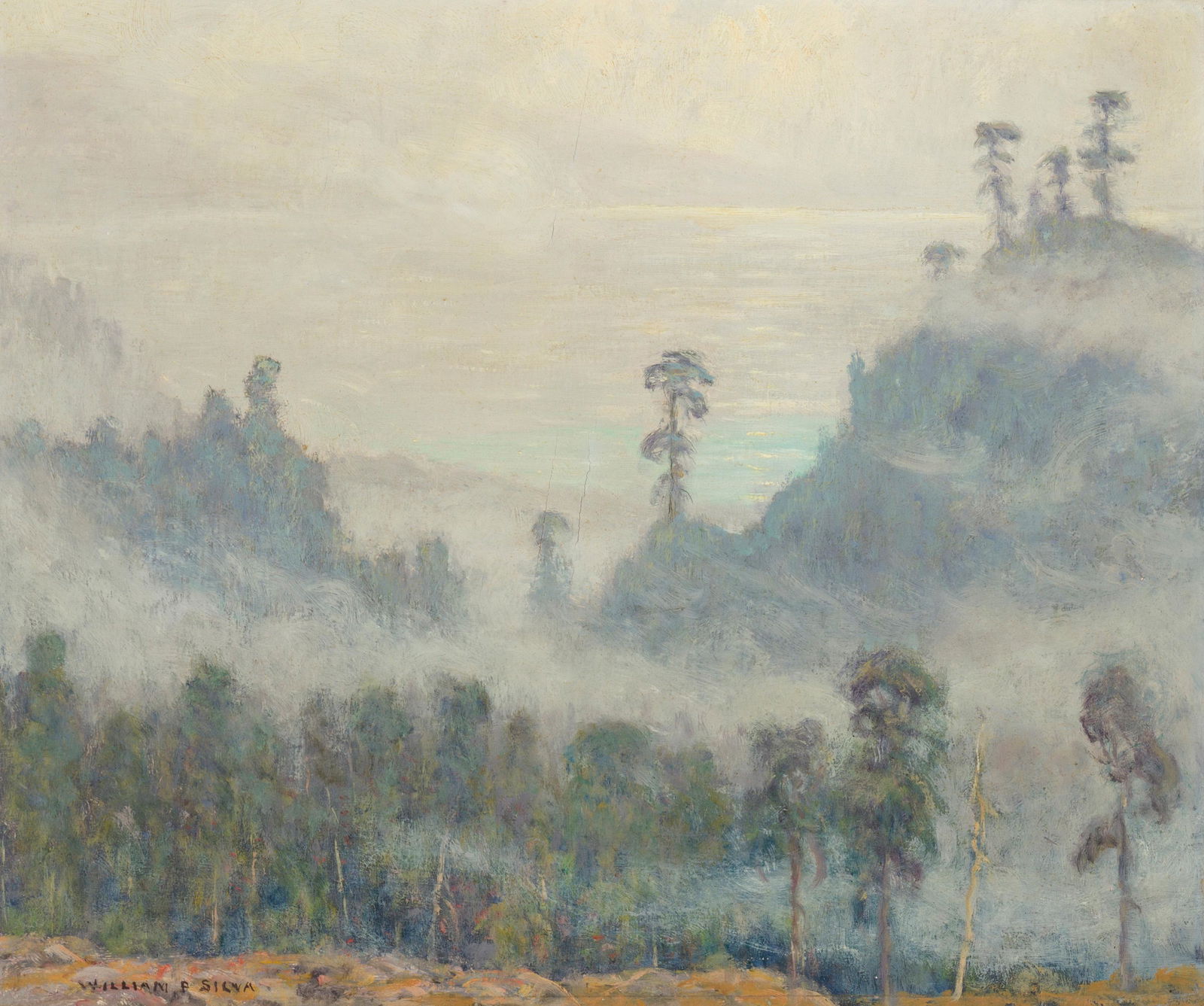 William Posey Silva (1859-1948 Carmel, CA): "Drifting Fog - California Coast" Oil on canvas laid to panel Signed lower left: William P. Silva, signed again and titled verso 20" H x 24" W