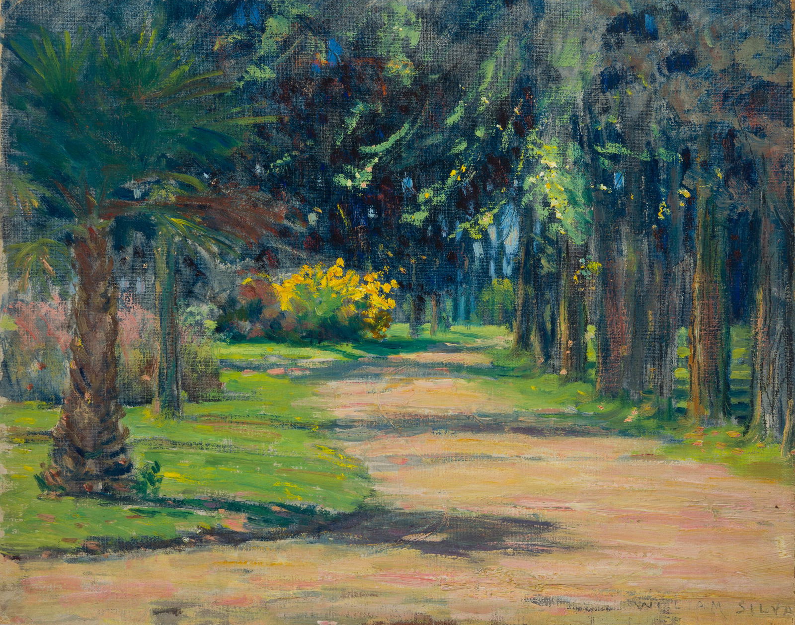 William Posey Silva (1859-1948 Carmel, CA): "Road Thru Park - Sacramento" Oil on canvasboard Signed lower right: William Silva, titled and numbered on an artist's label affixed verso: No. 1585 12" H x 15" W Provenance: Sold: Bonham's, Los