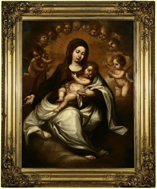 Italian School, prob. 18th c., Madonna & Child: Madonna and Child with Cherubim, unsigned, oil on canvas, in a 19th century gilt-gesso frame, 42 H x 31 W, est:$1500/2000. Provenance: Belnord Art Studio, New York, NY (see label verso); Property of a