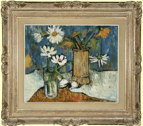 Andre Minaux (1923-1986): Still Life: daisies in bamboo and glass vases, signed lower center: Andre Minaux, numbered verso: 182, oil on canvas, 18'' x 22'', est:$800/1200. Provenance: Raydon Gallery, New York, NY (see backing