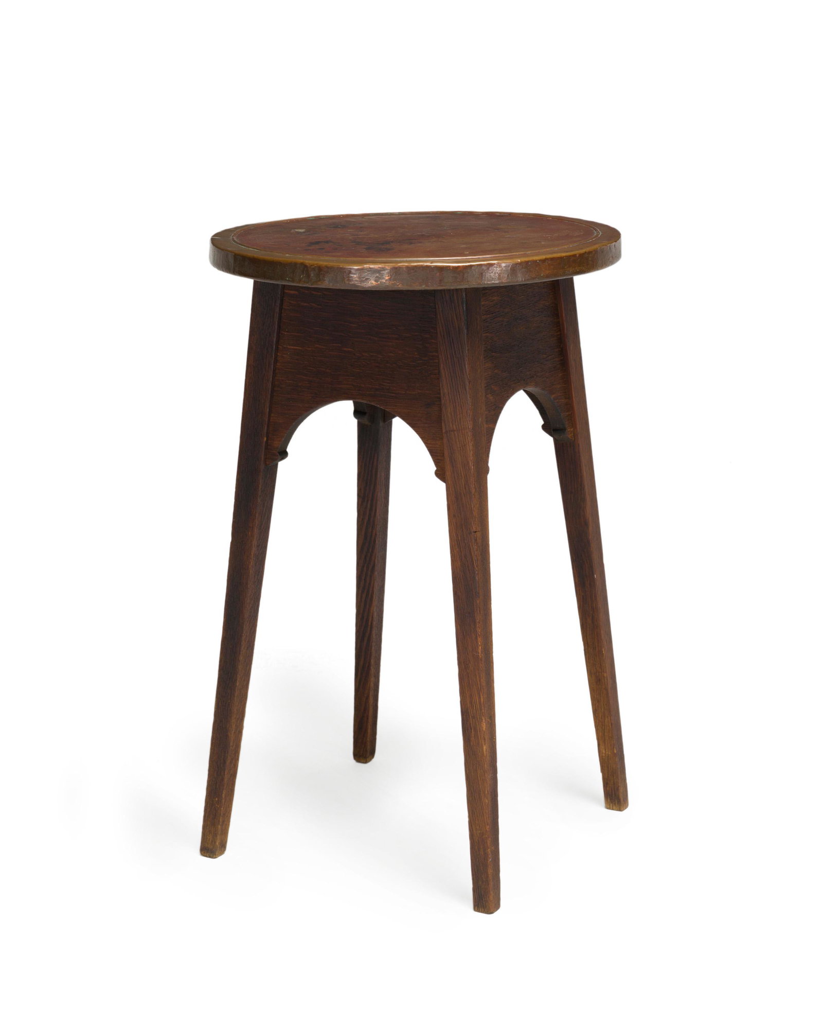 A Stickley Brothers drink table with copper top, #2617: First-quarter 20th century Apparently unsigned The round copper top over a widening squared base 27.75" H x 18" Dia.