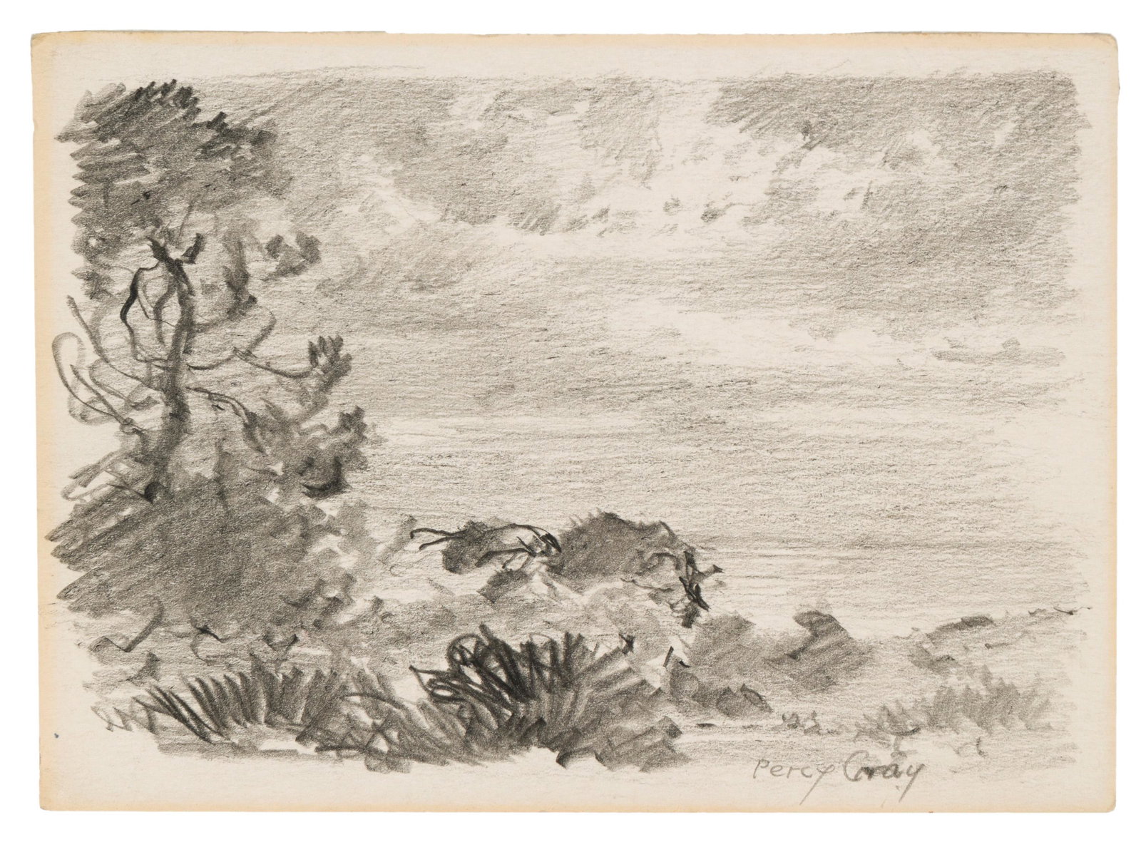Percy Gray (1869-1952 San Francisco, CA): "Near Asilomar Pines," 1947 Pencil on paper under glass Signed lower right: Percy Gray, titled and dated verso Sight: 3.75" H x 5.25" W