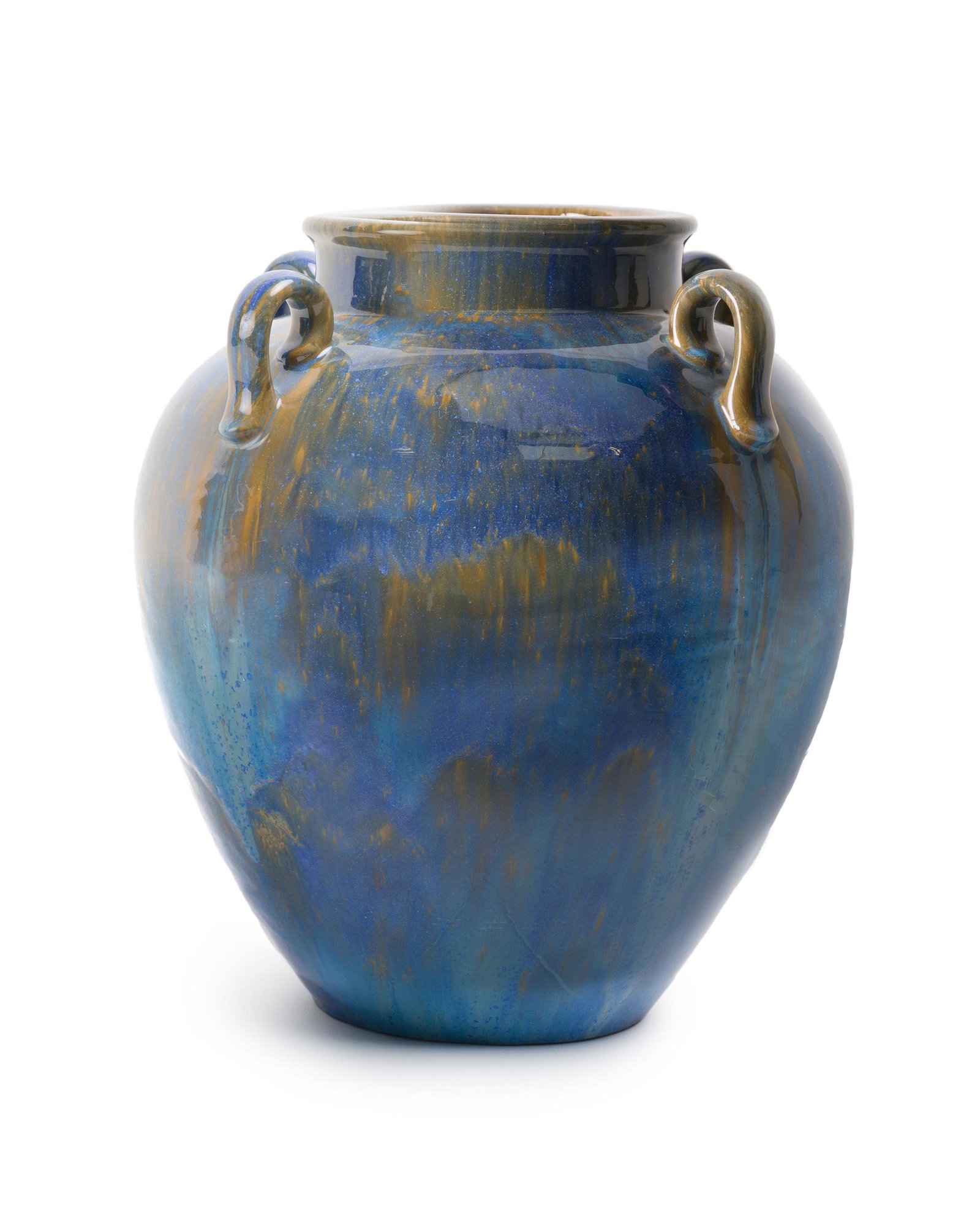 A Fulper Pottery four-handled vase: 1916-1922 Stamped to underside: Fulper The large bulbous vase in crystaline blue together with a book on American Art Pottery featuring a smiliar vase on the cover, 2 pieces 13" H x 11.625" Dia.