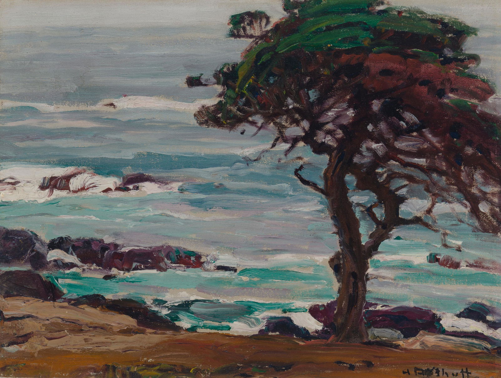 Hanson Duvall Puthuff (1875-1972 Corona Del Mar, CA): Coastal cypress Oil on canvas laid to board Estate stamped lower right: H. Puthuff, indistinctly dated verso 12" H x 16" W