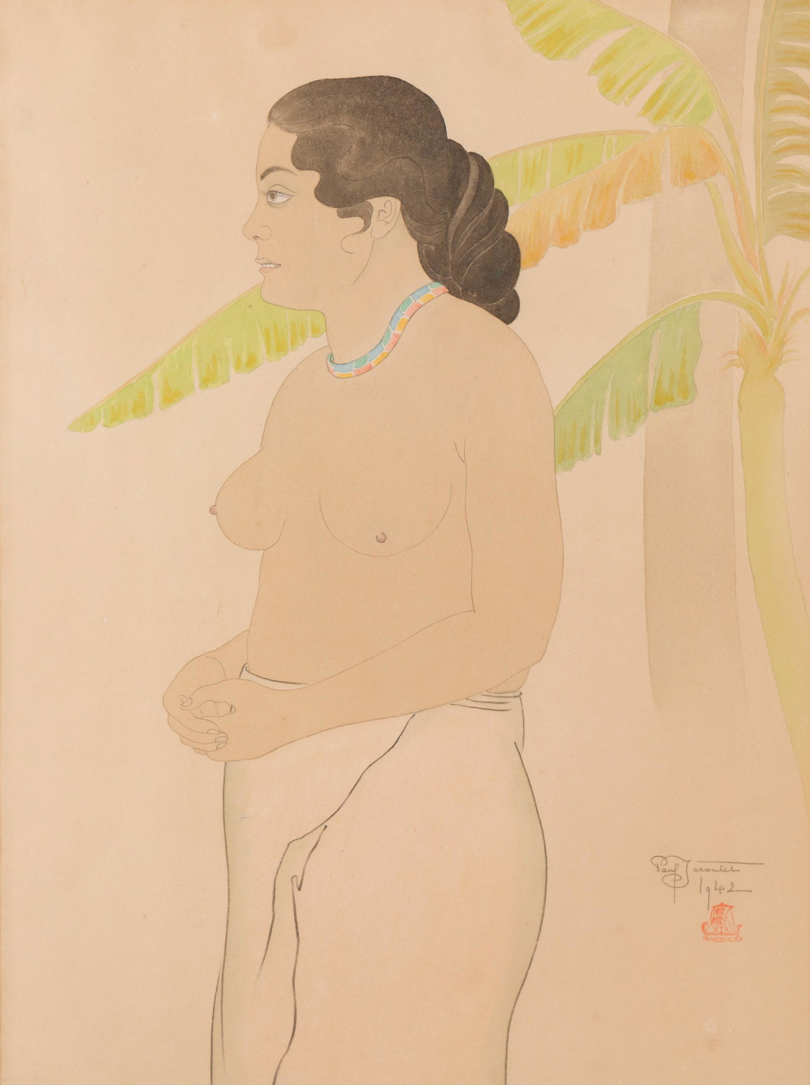 Paul Jacoulet (1902-1960 French): Woman standing by a palm tree Woodblock on paper under glass Signed and dated lower right: Paul Jacoulet with artist ship chop Sight: 19" H x 14" W
