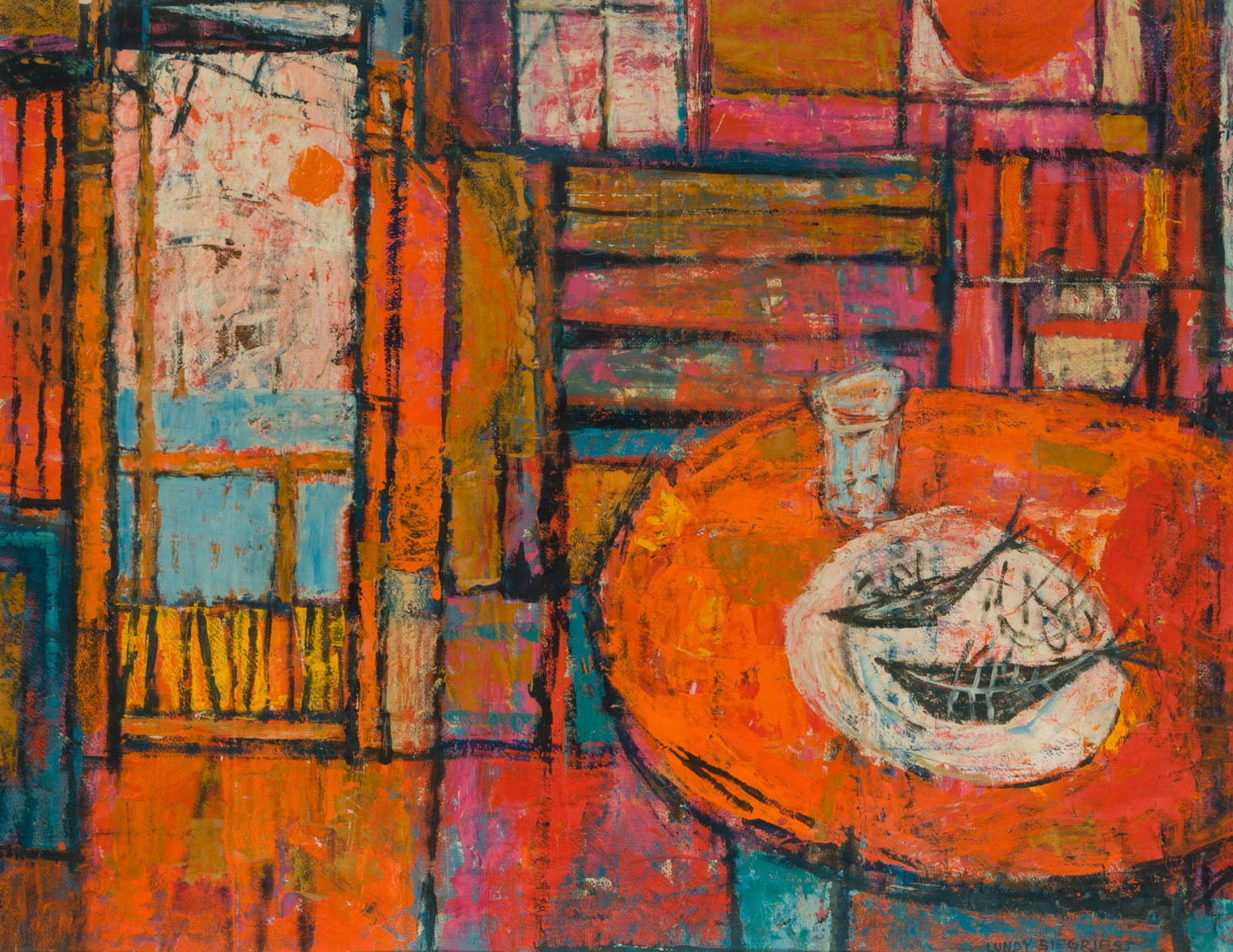 Lundy Siegriest (1925-1985 Oakland, CA): "House Boat," circa 1950s Mixed media on paper Signed lower right: Lundy Siegriest, titled and dated on a biography affixed to the frame verso Sight: 21" H x 27" W