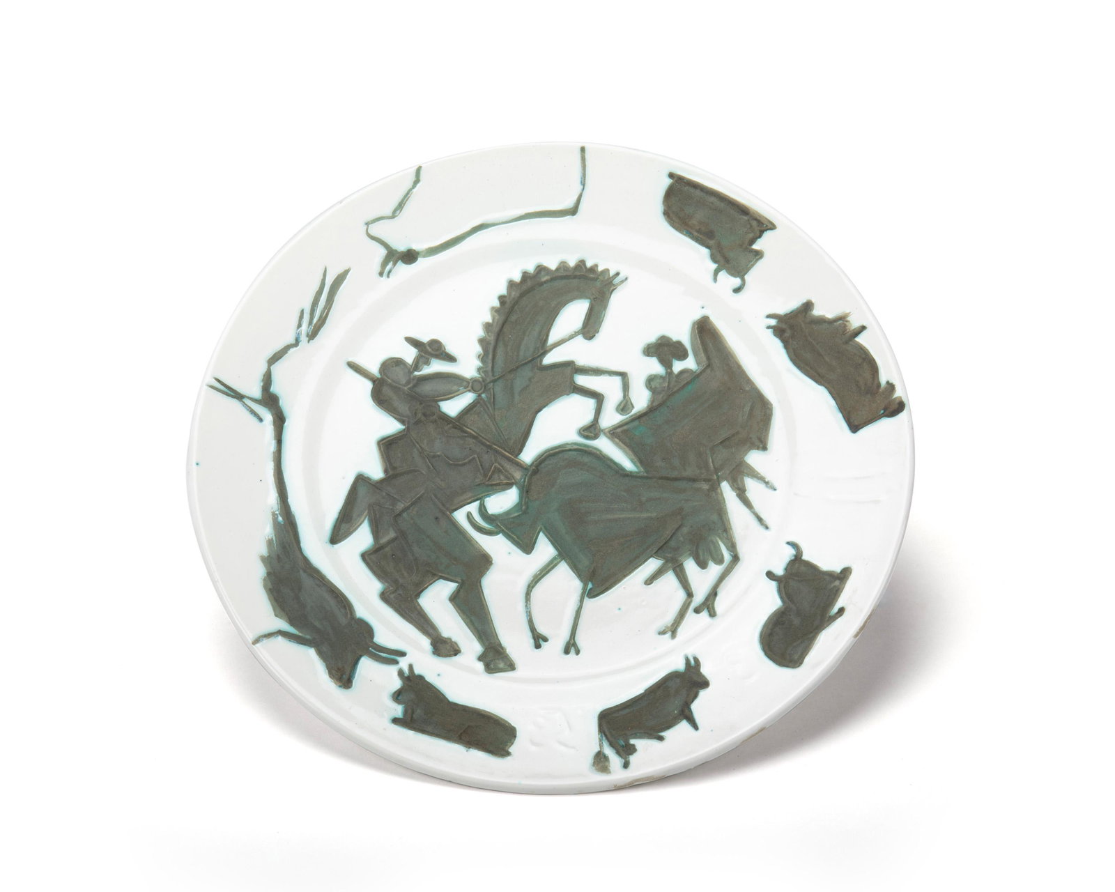 Pablo Picasso (1881-1973, Spanish): "Corrida," 1953 White earthenware charger with black oxide and light green engobe Stamped: Madoura Plein Feu / Empreinte Originale de Picasso Limited number of editions 17" Dia. Literature: Alain Rami