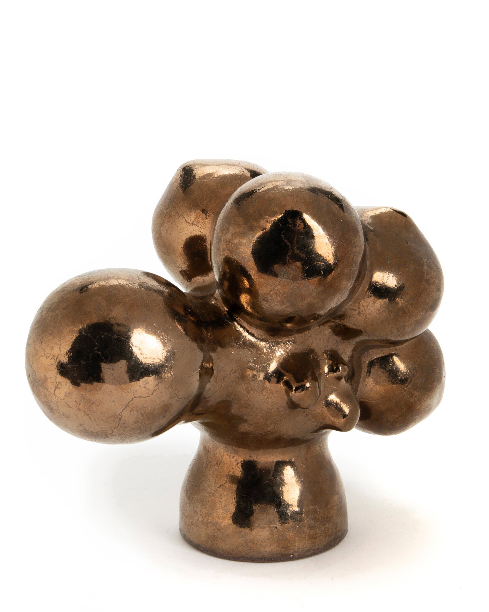 Anthony Villis (20th Century, American): Abstract sculpture Gold-glazed stoneware atop a wood pedestal Stamped with artist's initials and dated to base: AV / 1975 Sculpture: 8.75" H x 11" W x 6.5" D; Pedestal: 55.25" H x 10.25" Dia.