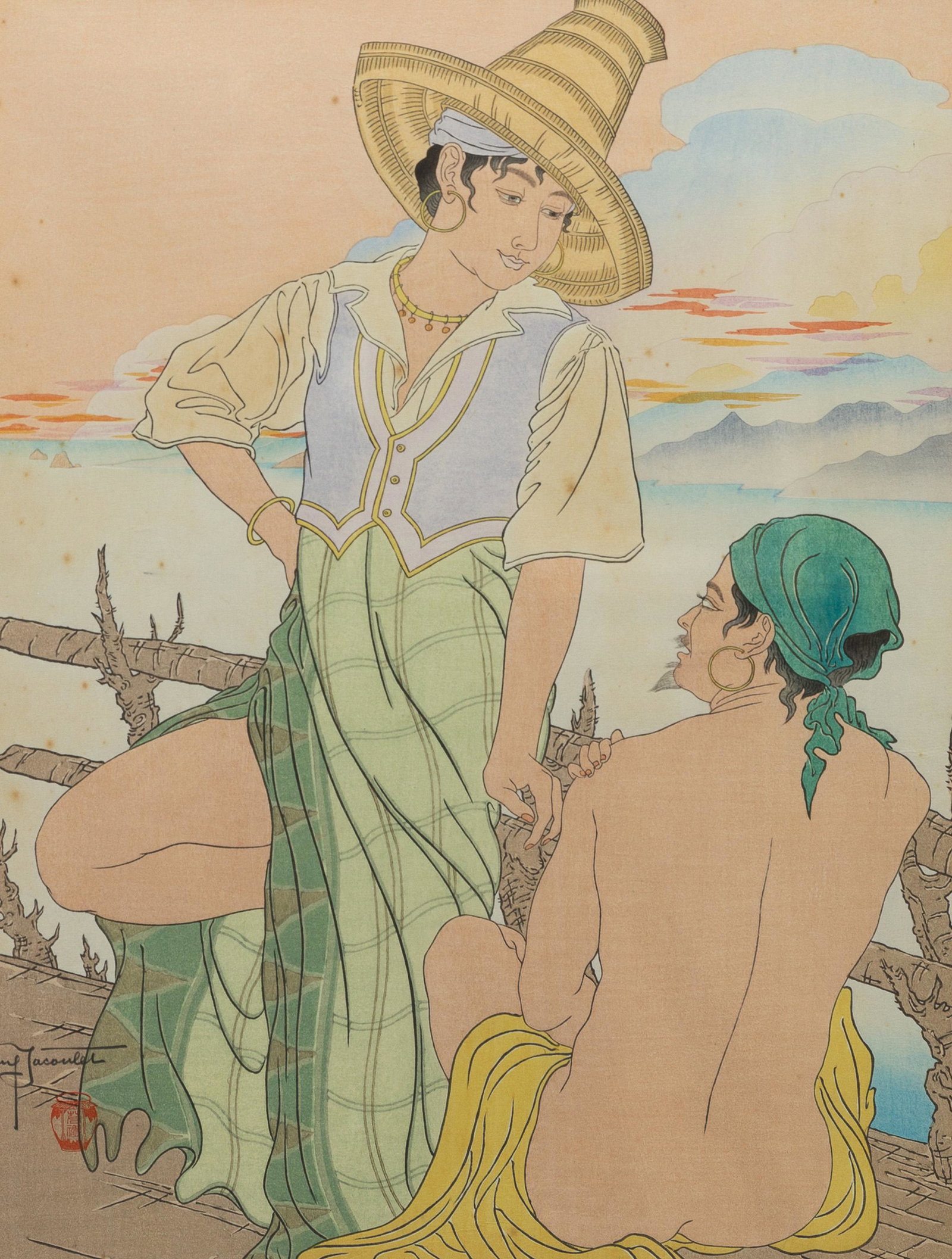 Paul Jacoulet (1902-1960, French): "Sunset in Menado, Calebes," 1938 Color woodblock print on paper under glass Signed lower left: Paul Jacoulet, and with the artist's chopmark Sight: 15.25" H x 11.5" W Literature: R. Miles, "The Print