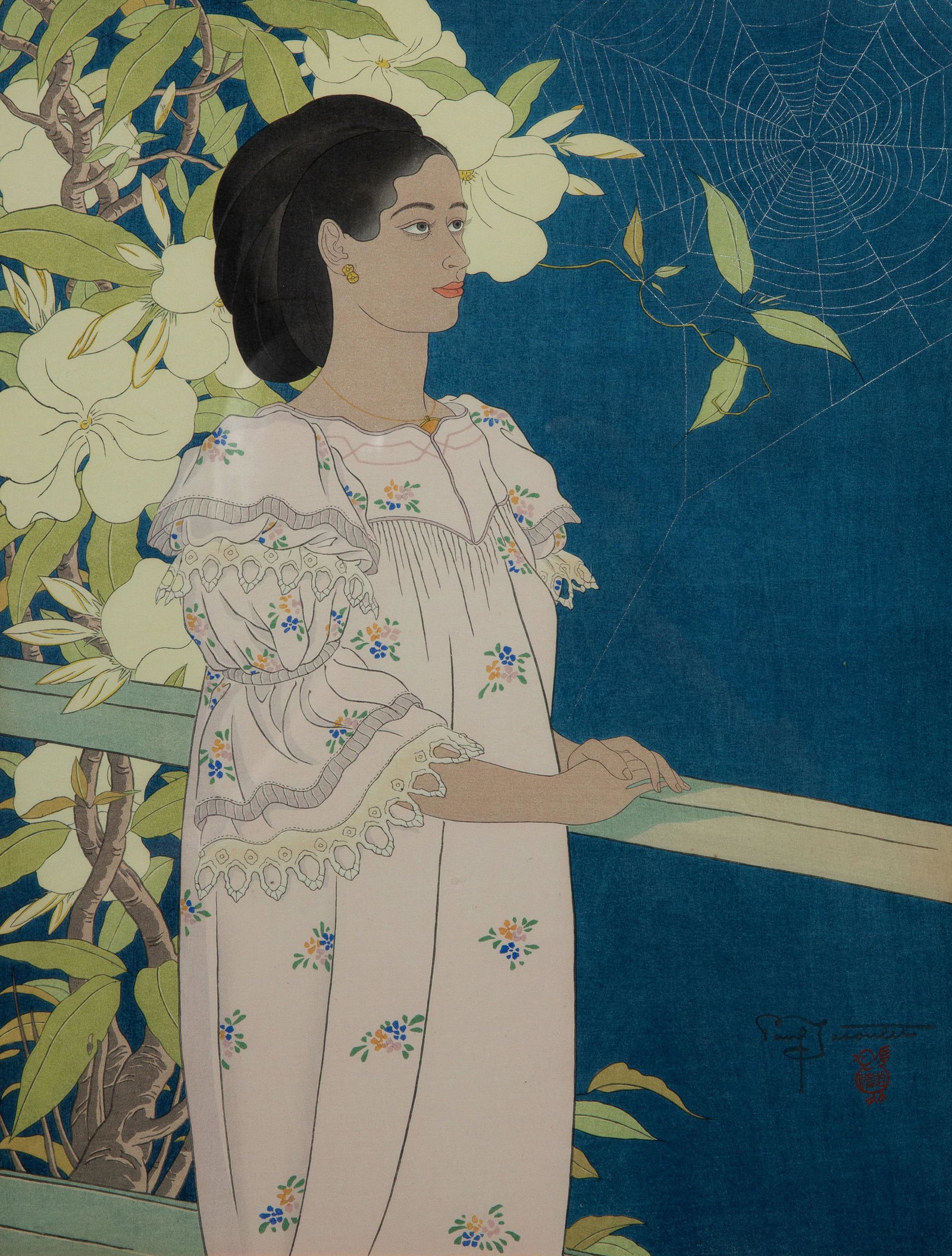 Paul Jacoulet (1902-1960, French): "Evening Flowers. Toloas Truk," 1941 Color woodblock print on paper under glass Signed lower right: Paul Jacoulet, and with the artist's chop mark Sight: 15.25" H x 11.5" W Literature: R. Miles, "The 