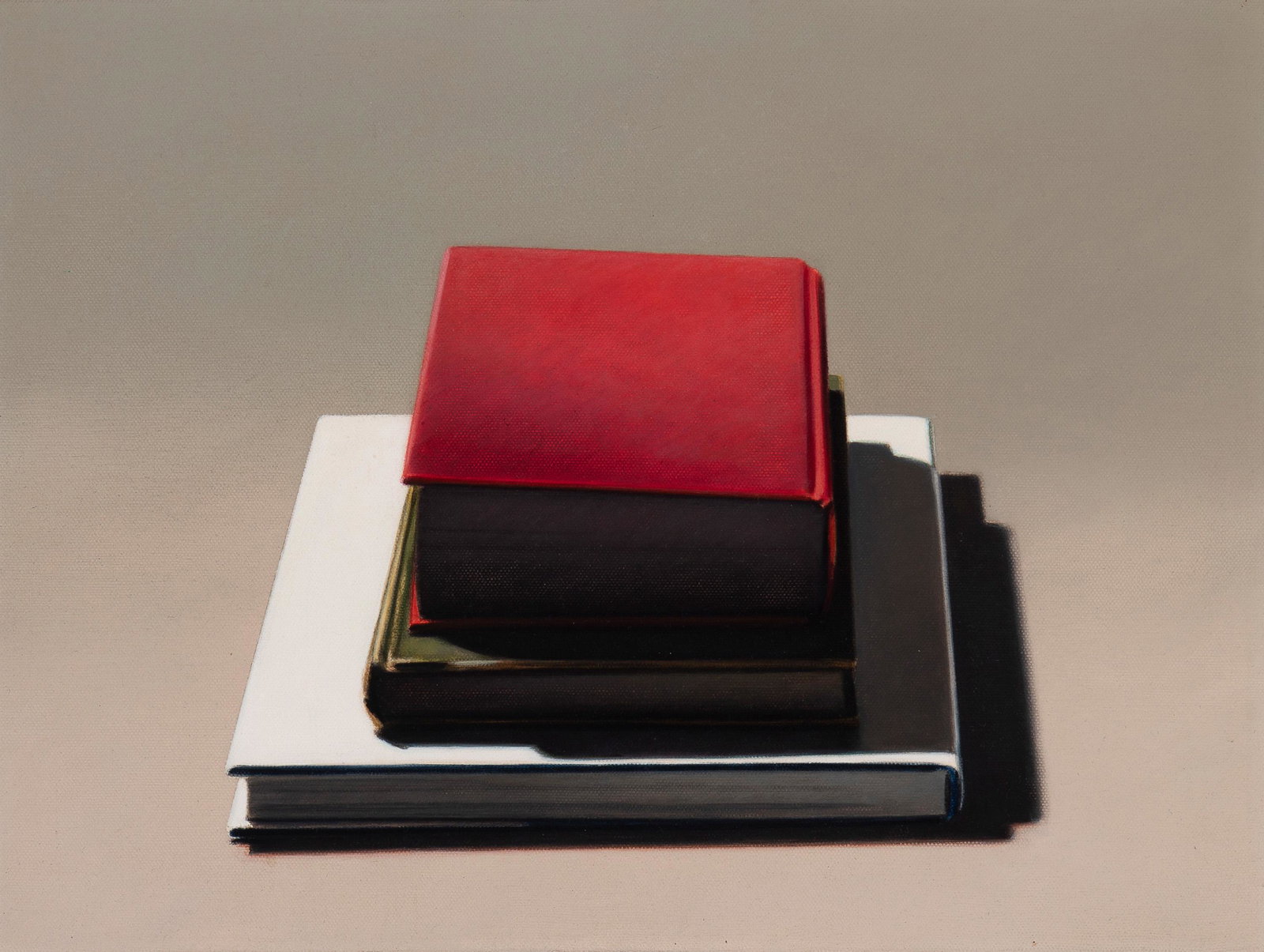 Guy Diehl (b. 1949, American): "Three Books," 1987 Acrylic on canvas Signed, dated and titled verso: Diehl 12" H x 16" W