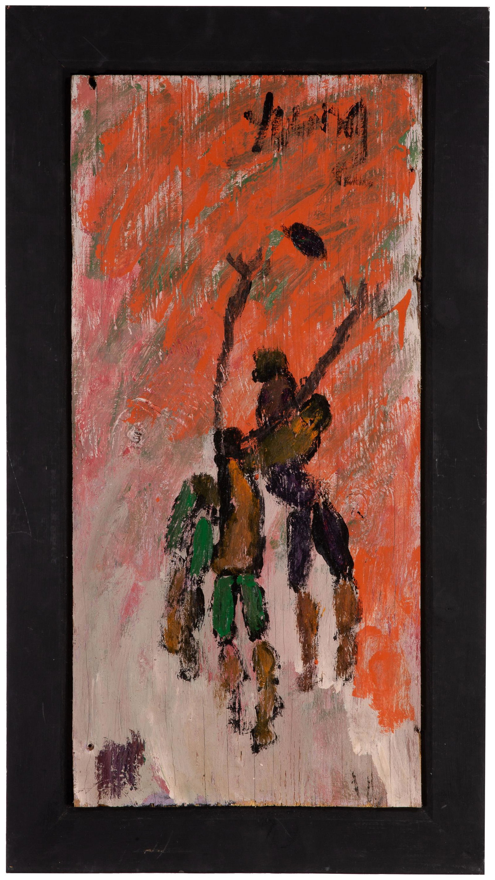 Purvis Young (1943-2010, American): Three figures playing ball Oil on board Signed upper right: Young 25.75" H x 12.25" W Provenance: The Collection of Cindy Tietze-Hodosh and Stuart Hodosh