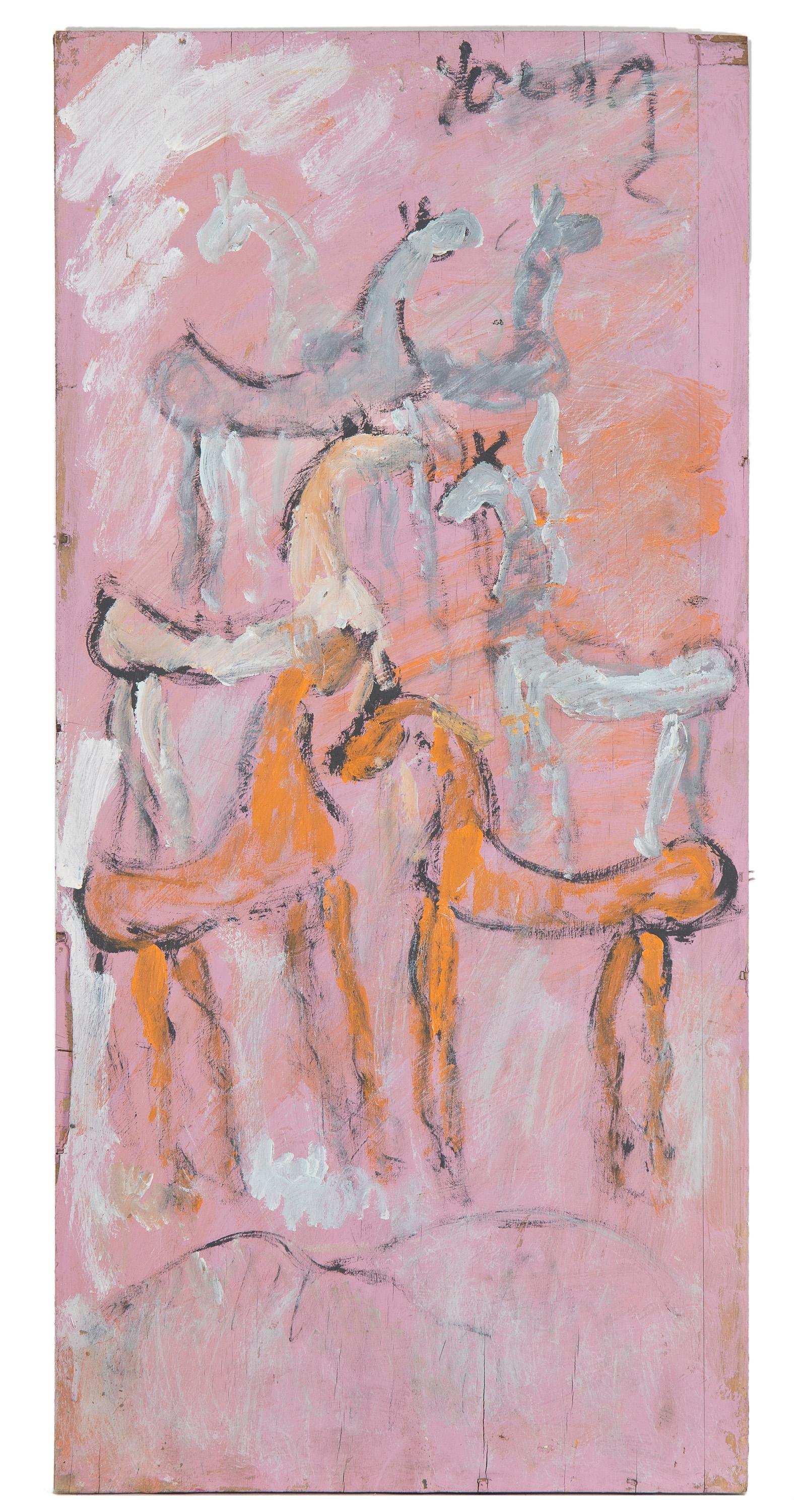Purvis Young (1943-2010, American): Abstract horses on a pink background Oil on repurposed wood Signed upper right: Young 28.25" H x 13.5" W Provenance: The Collection of Cindy Tietze-Hodosh and Stuart Hodosh