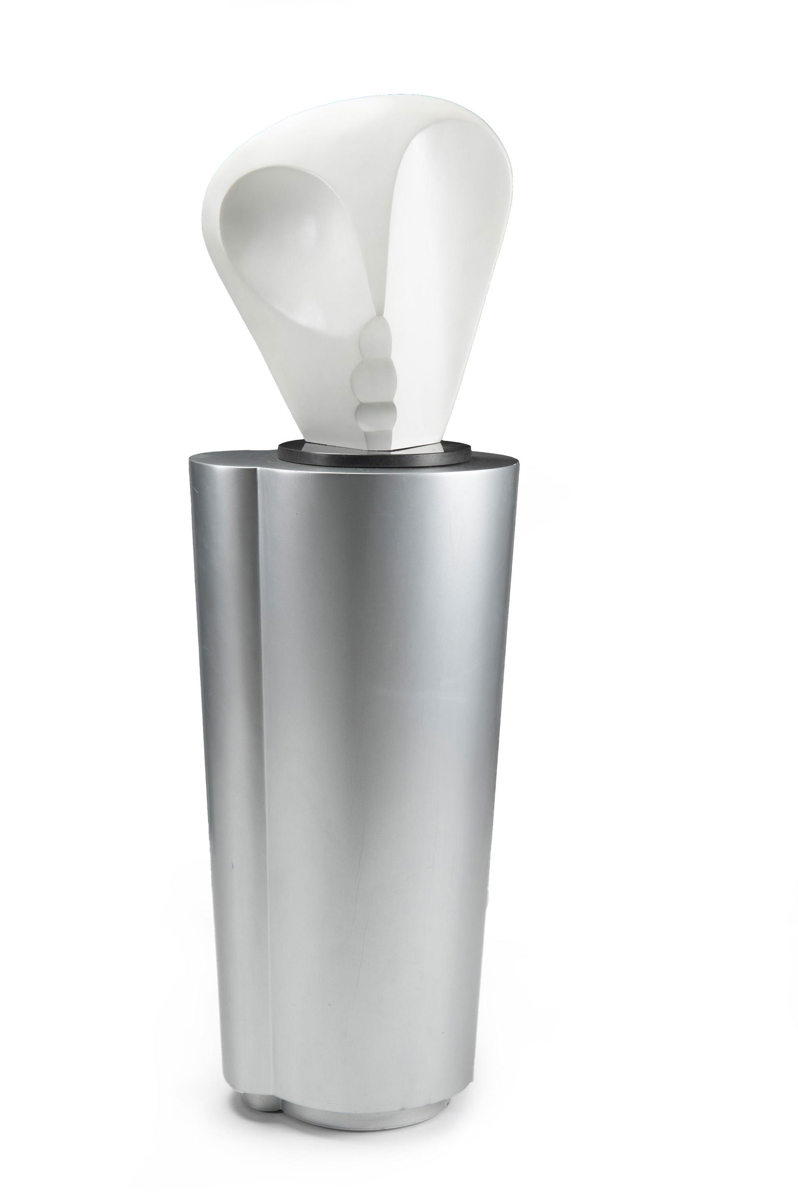 Gordon Newell (1905-1998, American): Abstract face White powder coated steel attached to black marble base on silver matte lacquer-coated composite pedestal Inscribed verso: Gordon Newell 1/6 Overall: 63.5" H x 19.25" W x 17.5" D; Scu