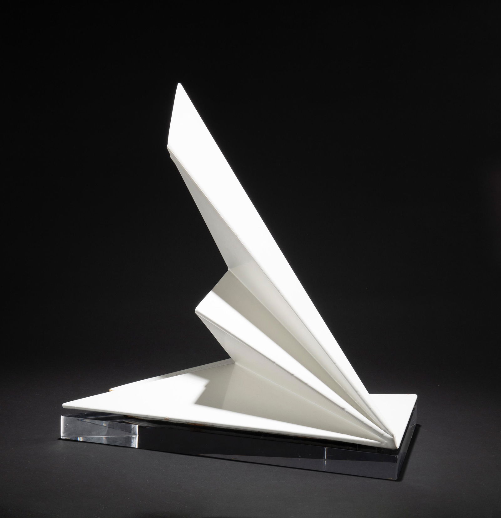 Gordon Newell (1905-1998, American): "Unique" White powder coated steel on Lucite base Signed and dated to base: Gordon Newell, Unique, 1983 With base: 19.625" H x 10.75" W x 18.625" D