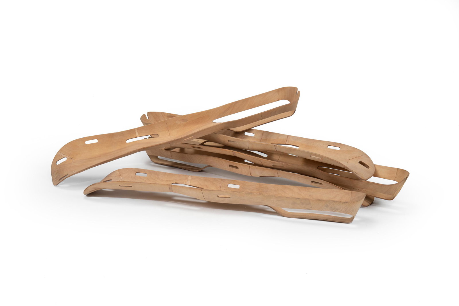 Five Charles and Ray Eames leg splints: USA, 1943 Each splint stamped with the stock number: S2 - 1790; Packaging signed with printed manufacturer's label: [1 Splint Leg Plywood For Transportation Stock No: S2-1790 Manufactured by Evans Pro