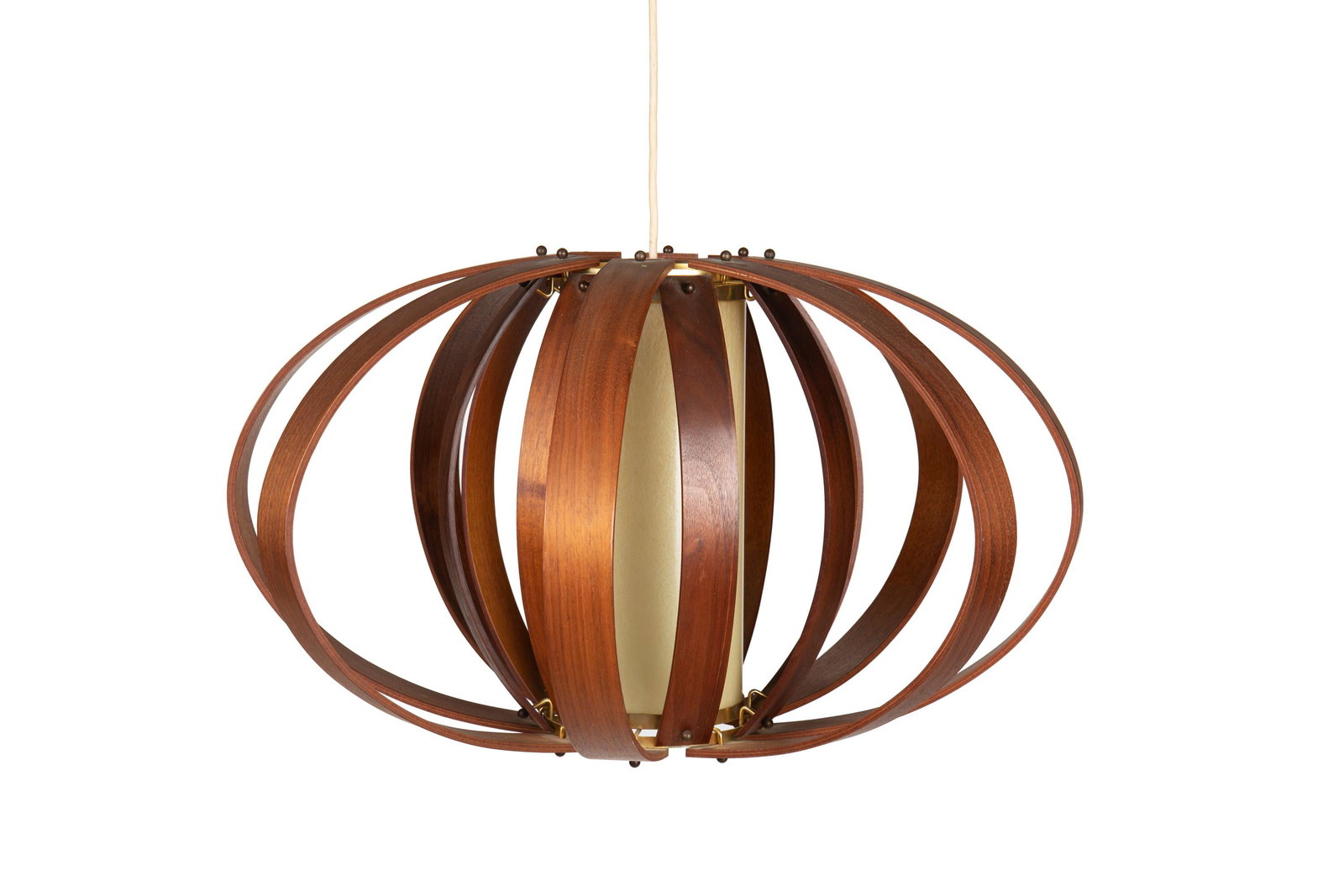 A Danish-style modern hanging light: Third-quarter 20th Century Marked to stamp on base: (c) 1960 Frederick Raymond Enterprises U.S.A. The one-light opaque cylindrical shade/diffuser in the center with brass settings surrounded by bent w