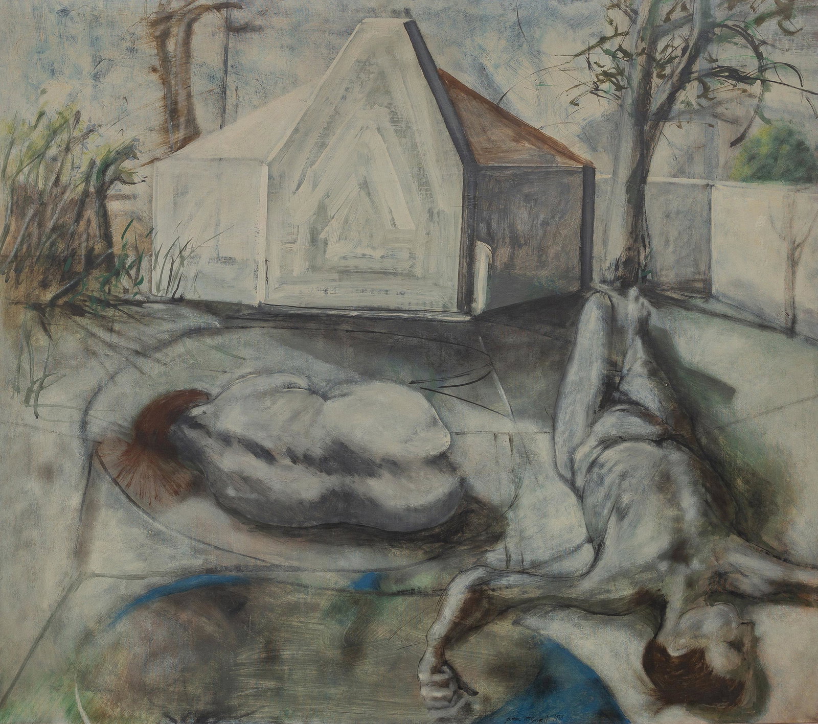 James McGarrell (b. 1930, American): "Two figures in landscape," 1956 Oil on canvas Signed and dated lower center: James McGarrell, titled on a gallery label affixed verso 38" H x 42.75" W Provenance: Frank Perls Gallery, Beverly Hills, 