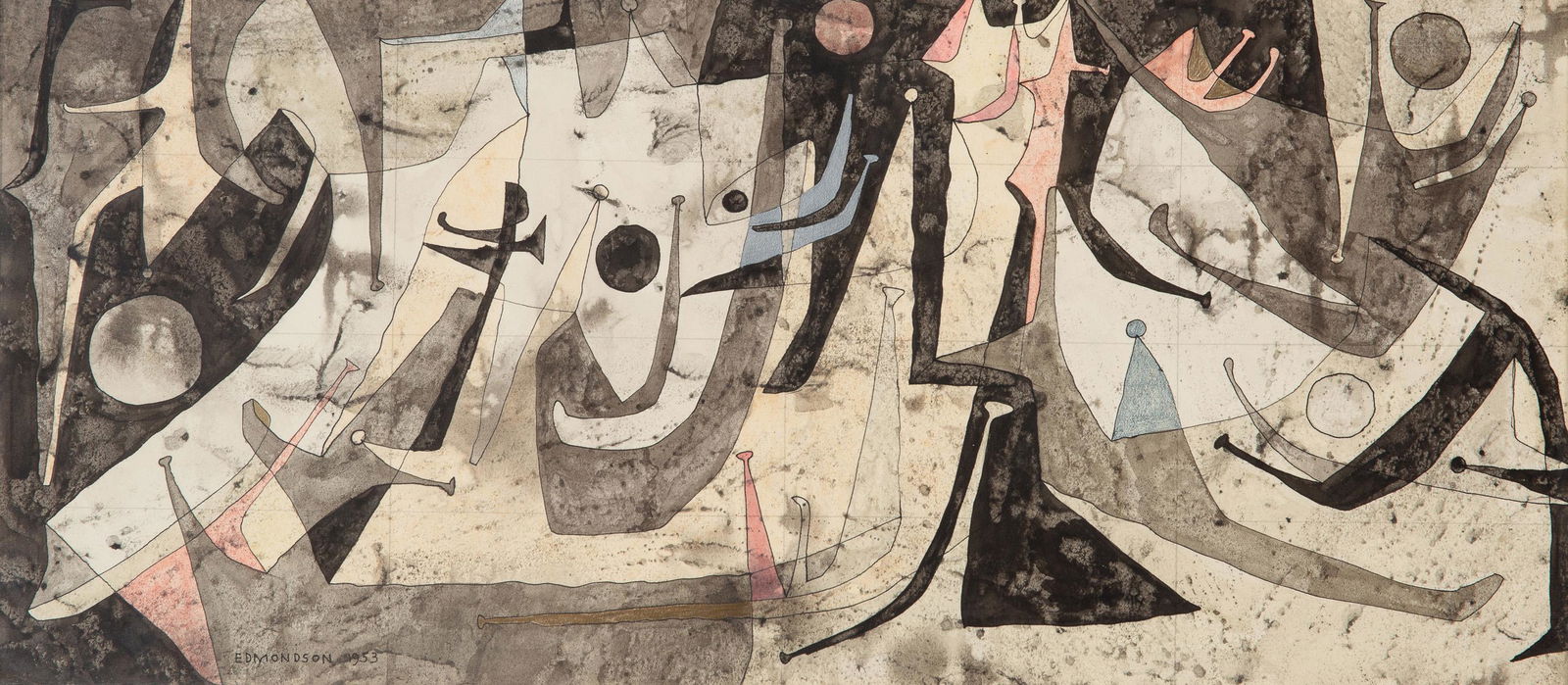 Leonard Edmondson (1916-2002, American): Untitled abstract, 1953 Watercolor, ink and pencil on paper under glass Signed and dated lower left: Edmondson Sight: 9" H x 20" W; Sheet: 9.25" H x 20.25" W