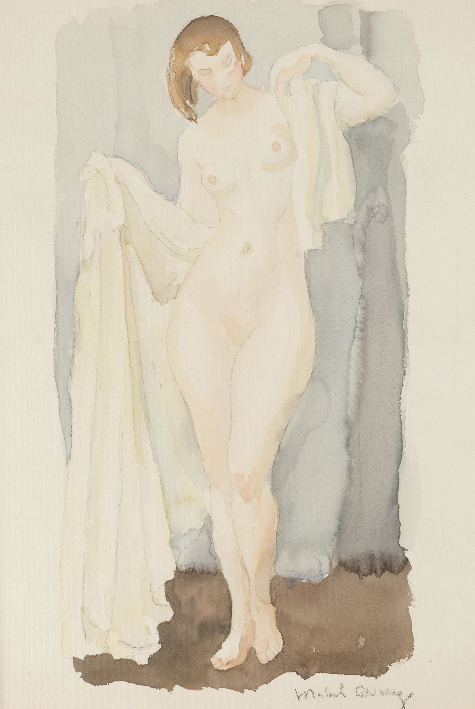 Mabel Alvarez (1891-1985, Los Angeles, CA): "Standing Nude with White Drapery," 1930 Watercolor on paper under Plexiglas Signed lower right: Mabel Alvarez, titled on a gallery label affixed to the backing paper Sight: 13.25" H x 9.5" W Provenan