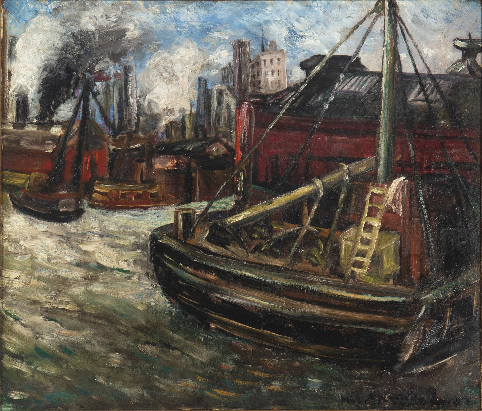 Sara Berman Beach (1890-1978, New York, NY): City harbor Oil on board Signed lower right: Sara Berman Beach 17" H x 20" W Provenance: From the artist's estate by descent to the current owner