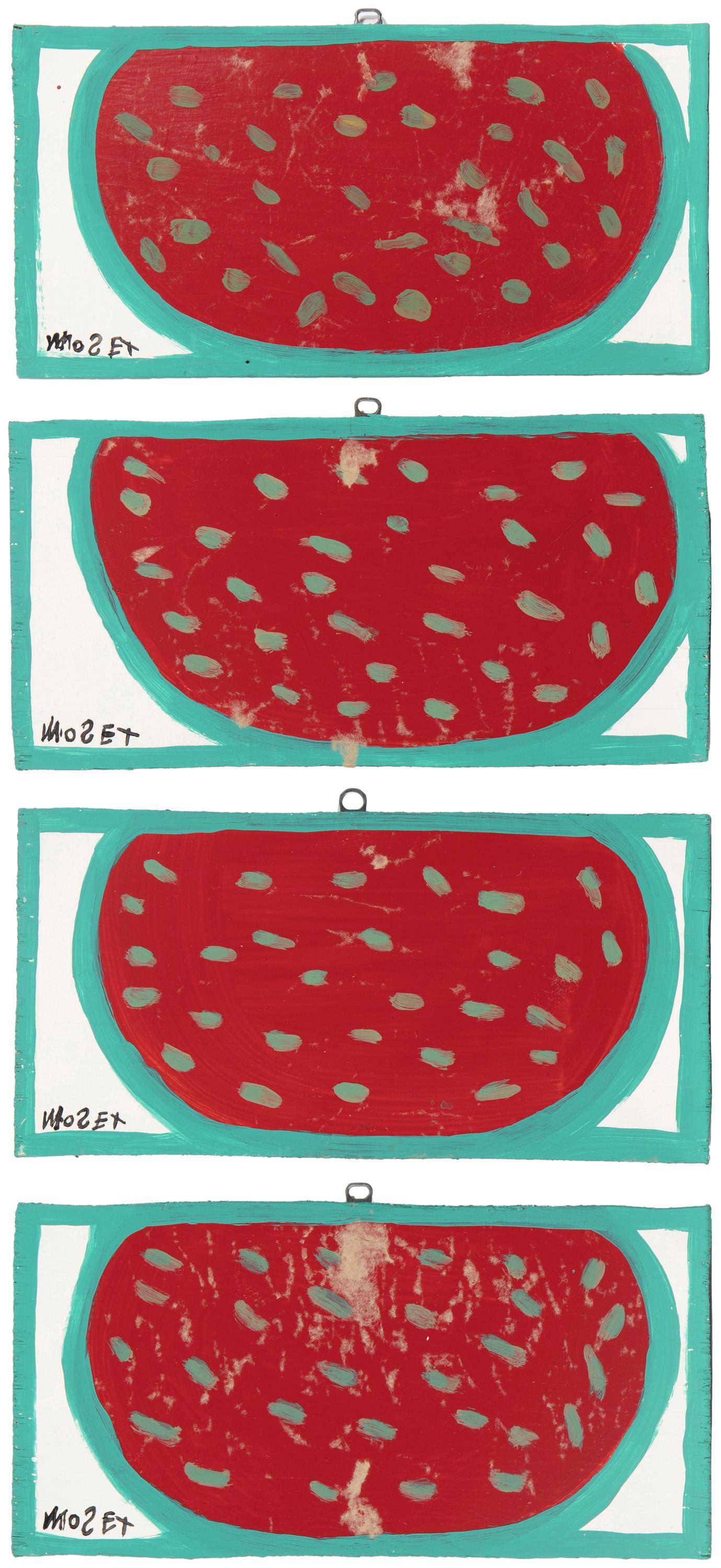 Mose Ernest Tolliver (1920/25-2006, Montgomery, AL): Watermelons (four works) Each: oil on panel Each: signed lower left: Mose T Each: 8" H x 16" W Provenance: The Collection of Cindy Tietze-Hodosh and Stuart Hodosh