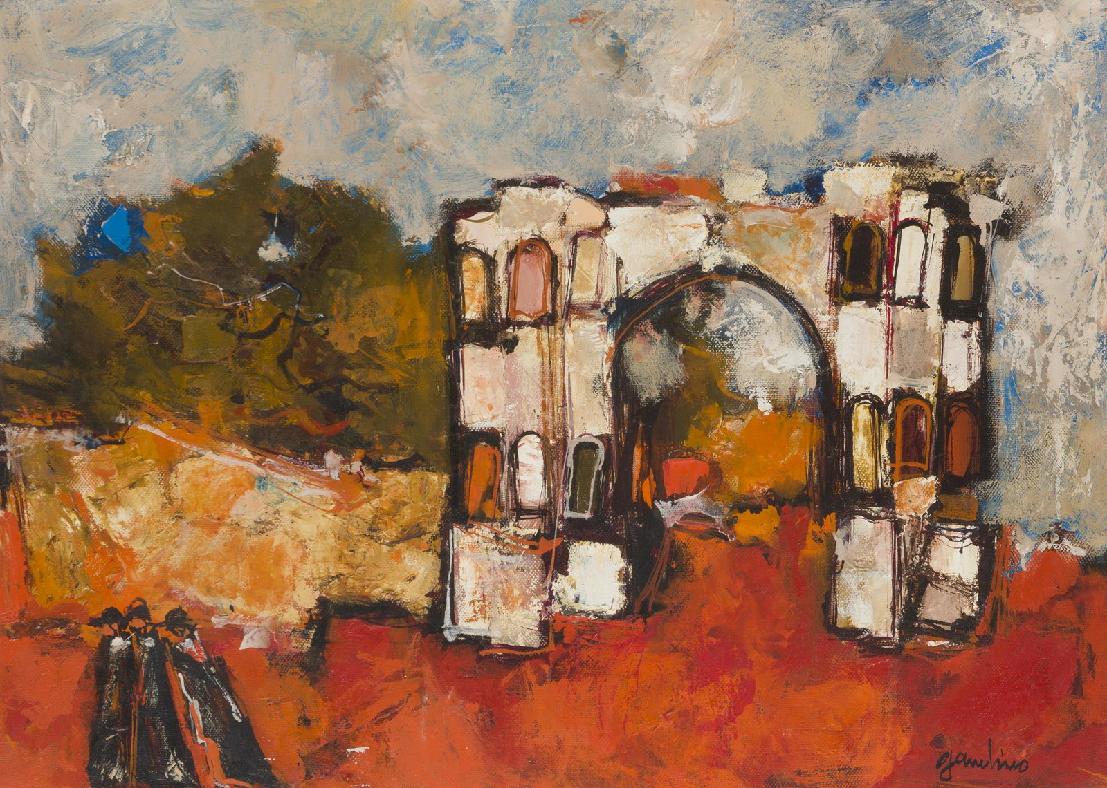 Giuseppe Gambino (1928-1997, Italian): Archway with figures Oil on canvas Signed lower right: Gambino, signed again verso 20" H x 28" W