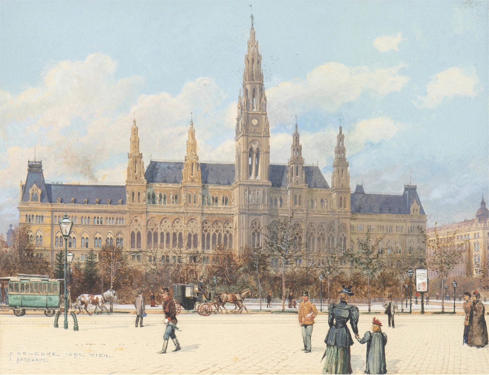 Franz Poledne (1873-1932, Austrian): "Wien Rathhaus," 1894 Watercolor on paper under glass Signed dated and titled lower left: F Poledne 9" H x 12" W