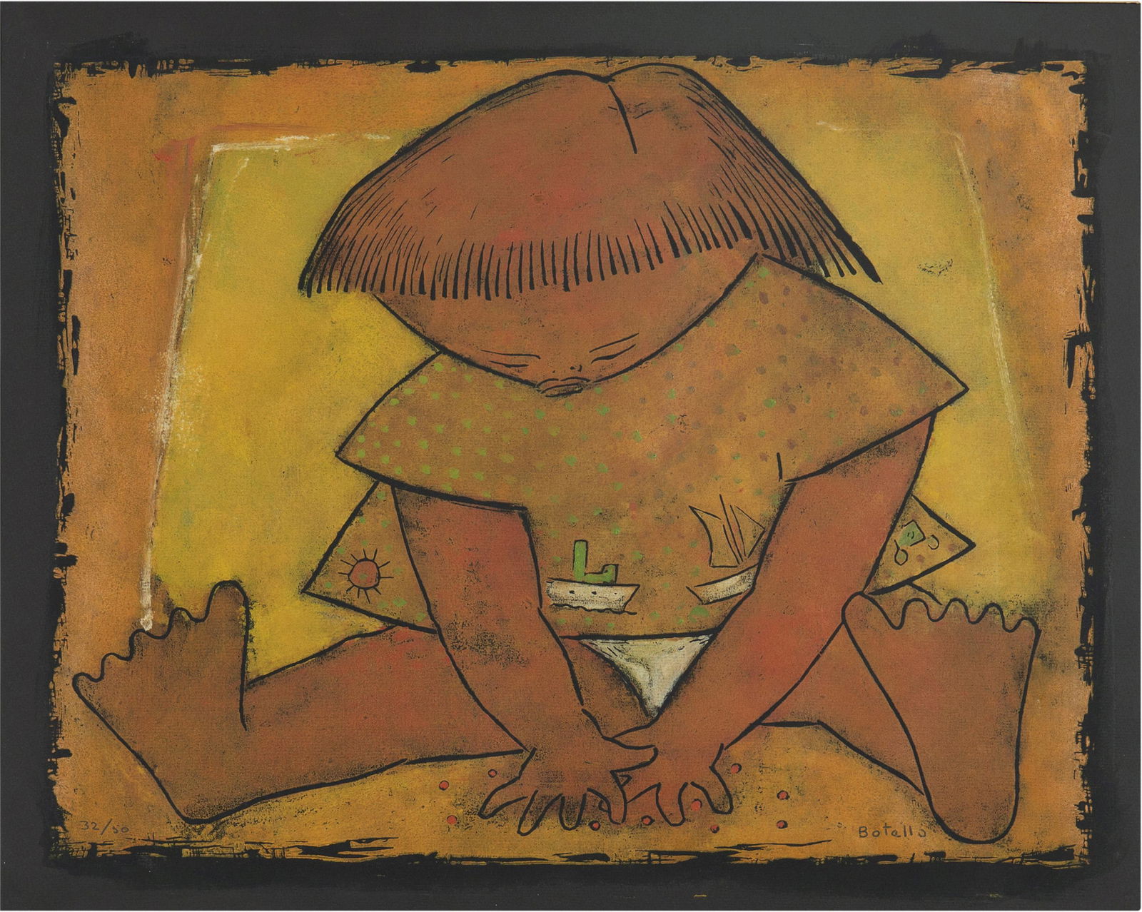 Angel Botello (1913-1986, Puerto Rican): Seated child Hand-enhanced serigraph on paper Edition 32/50, signed lower right: Botello Sight: 14.75" H x 18.25" W