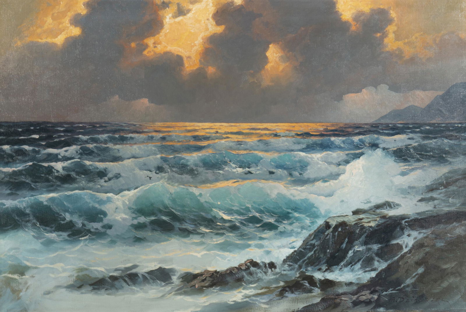 Alexander Dzigurski (1911-1995, Los Angeles, CA): Sunset over a rocky coastal seascape Oil on canvas Signed lower right: A. Dzigurski 24" H x 36" W