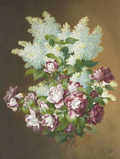 Raoul de Longpre (1843-1911, French): Roses and lilacs still life Pastel and gouache on board under glass Signed lower right: Raoul M. de Longpre fils Sight: 25.5" H x 19.5" W